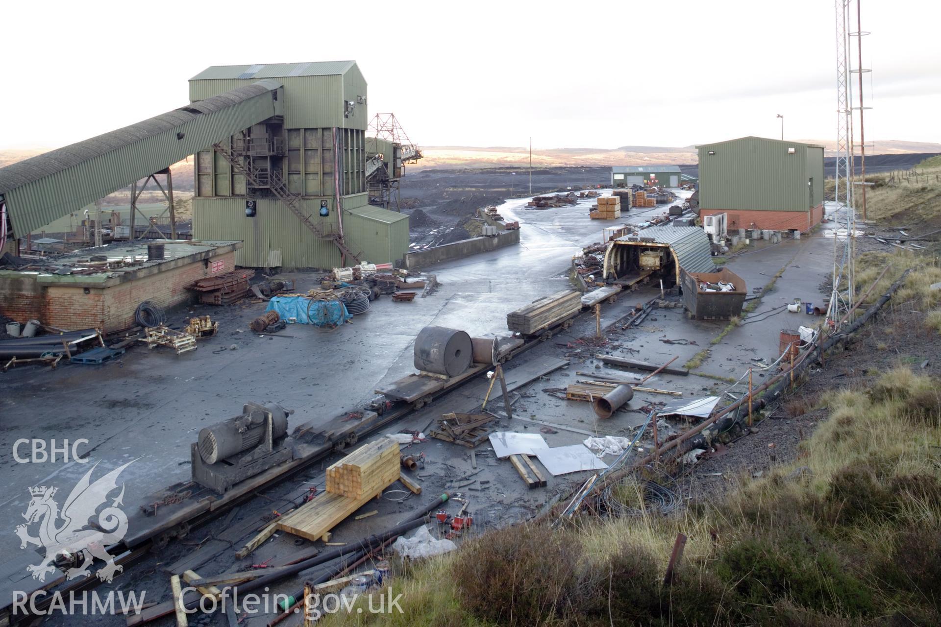 Conveyor transfer house on left, materials marshalling yard in foreground, drift winding house on right.