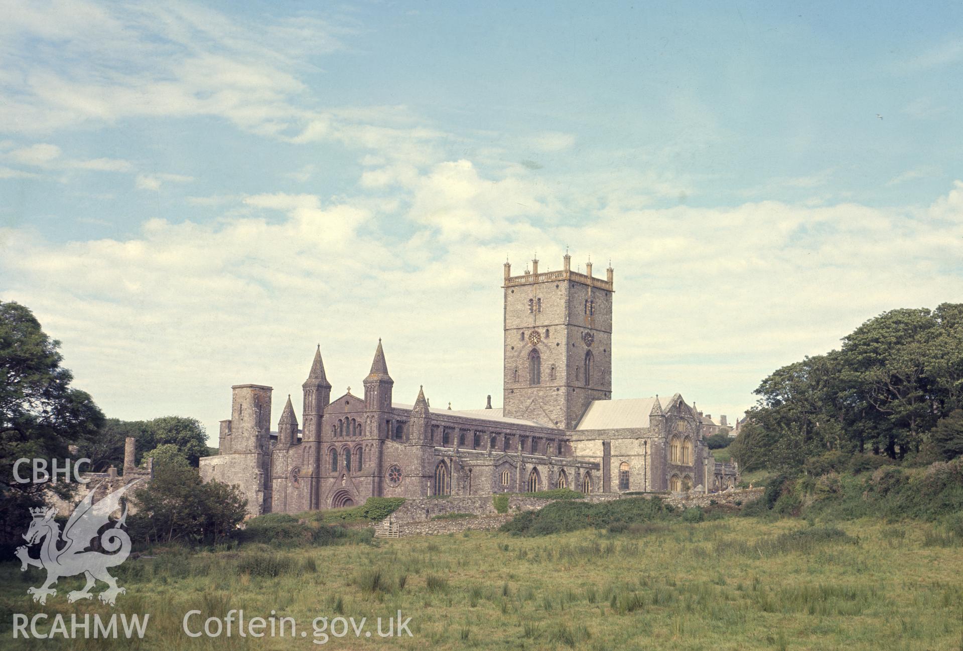 1 colour transparency showing view of St Davids Cathedral, undated; collated by the former Central Office of Information.