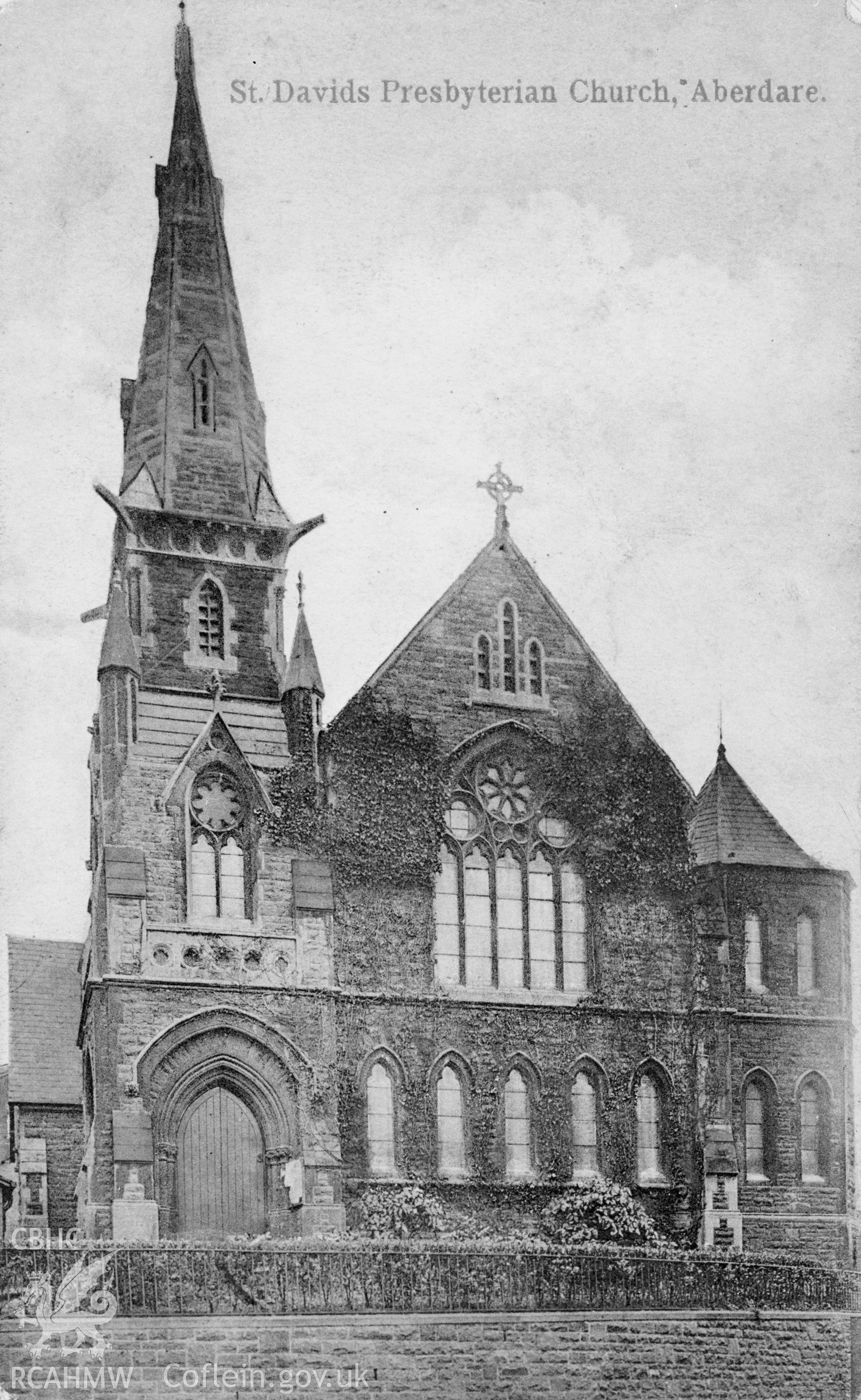 Black and white photograph of St David's Presbyterian Church, Aberdare copied from a postcard dated 1 November 1909, published by WHS & S, Derwen Series, loaned for copying by Thomas Lloyd.