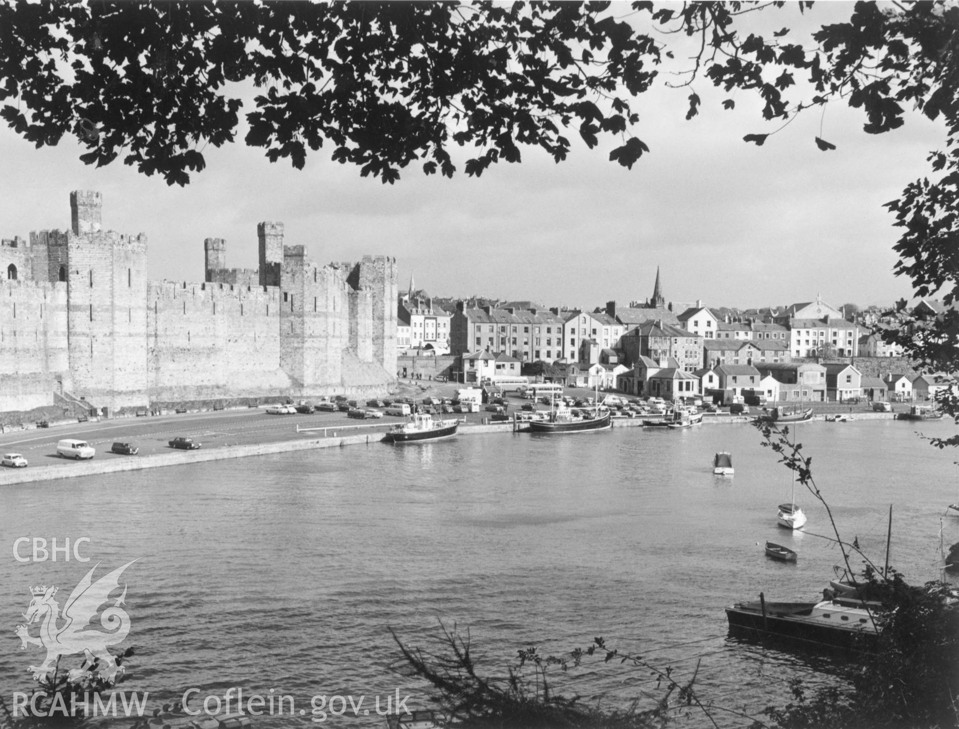 1 b/w print showing view of Caernarfon from the river; collated by the former Central Office of Information.