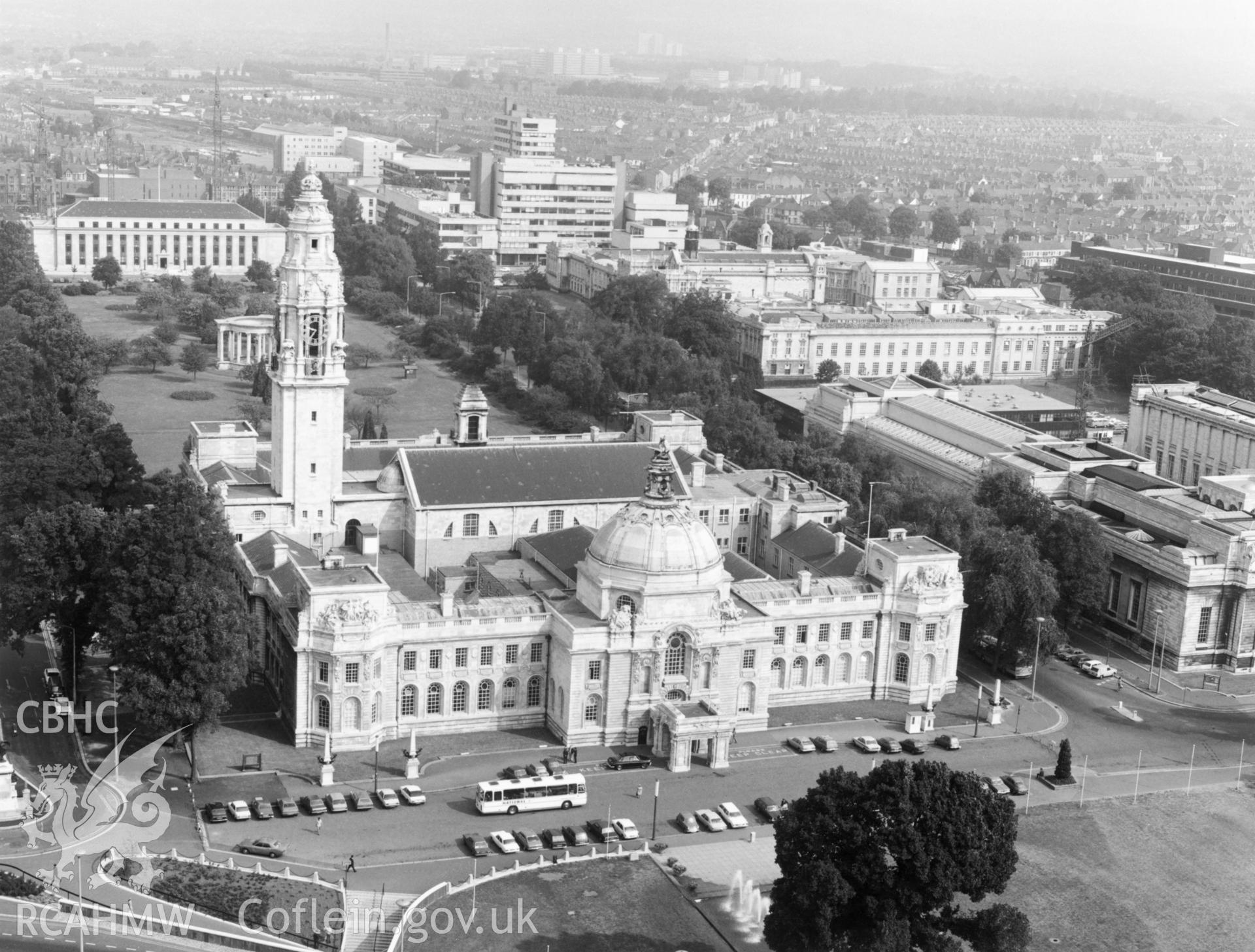 1 b/w print showing aerial oblique view of Cardiff City Hall; collated by the former Central Office of Information.