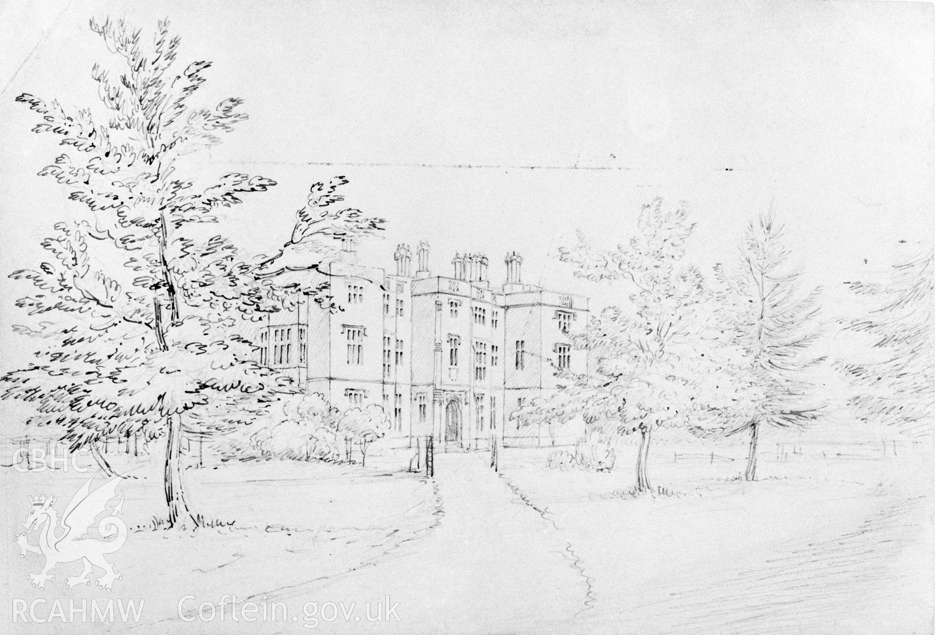 Llanover House; B&W photographic copy of an undated pencil drawing, artist unknown, loaned for copying by Thomas Lloyd, copy negative held.