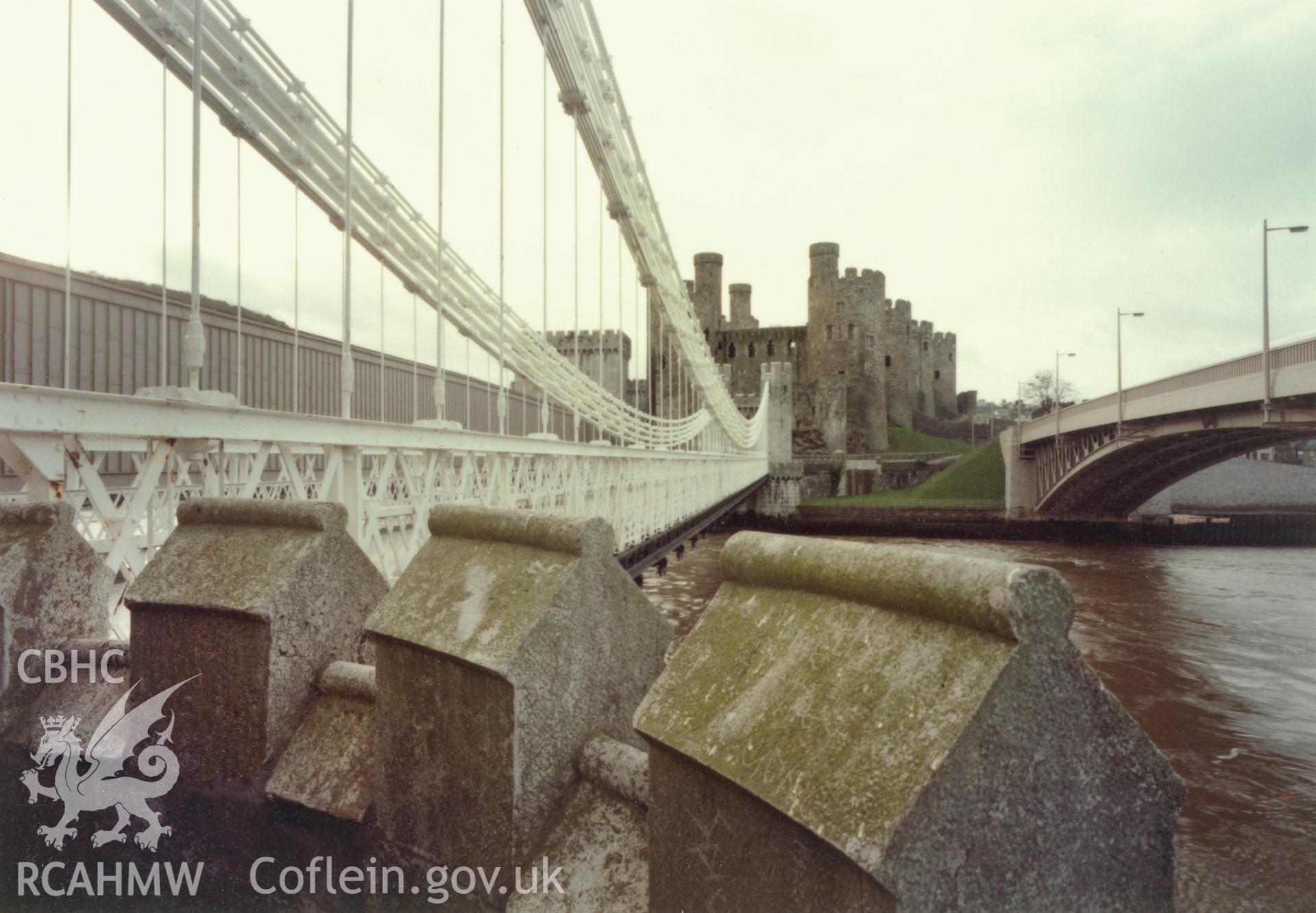 1 of a set of 27 colour prints: print showing view of Conwy castle with bridges, collated by the former Central Office of Information.