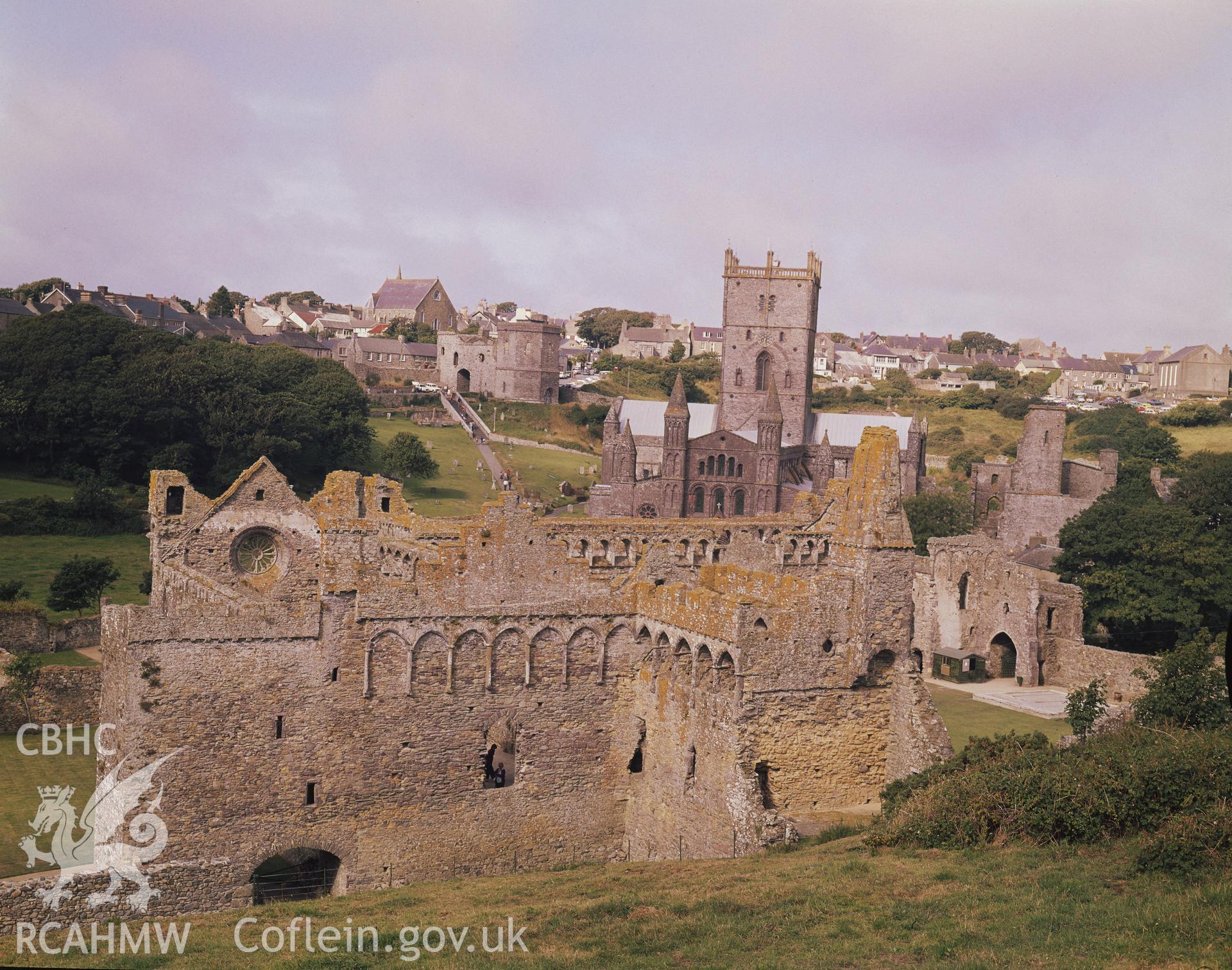 1 colour transparency showing view of St Davids Cathedral, undated; collated by the former Central Office of Information.