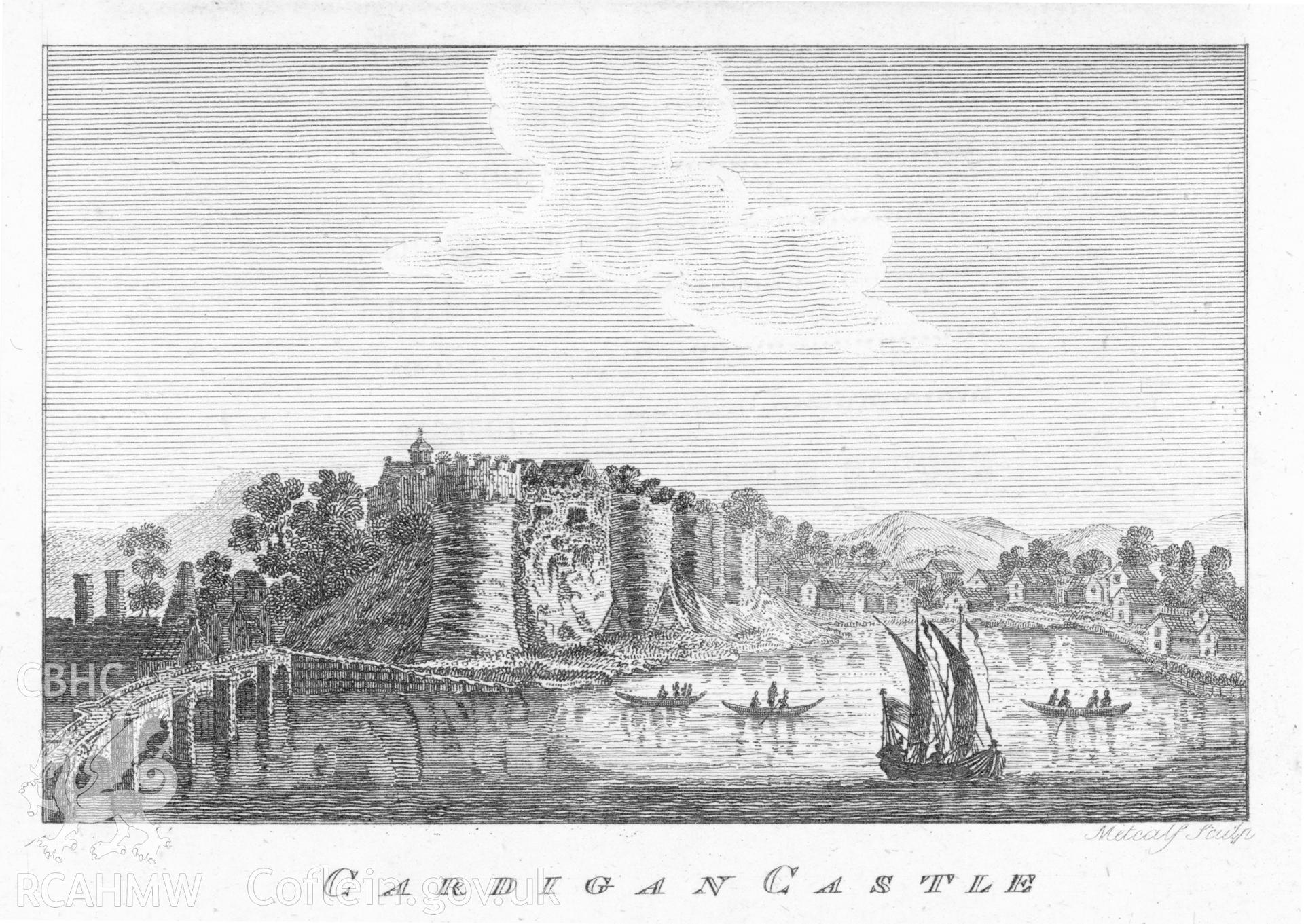 A undated black and white copy of an etching by Metcalf, showing Cardigan Castle with the bridge and sailing ship in the foreground.