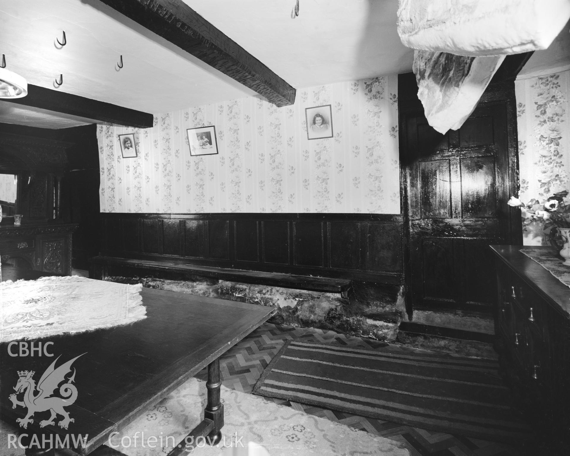 Farmhouse, interior view showing dais partition and bench in the hall