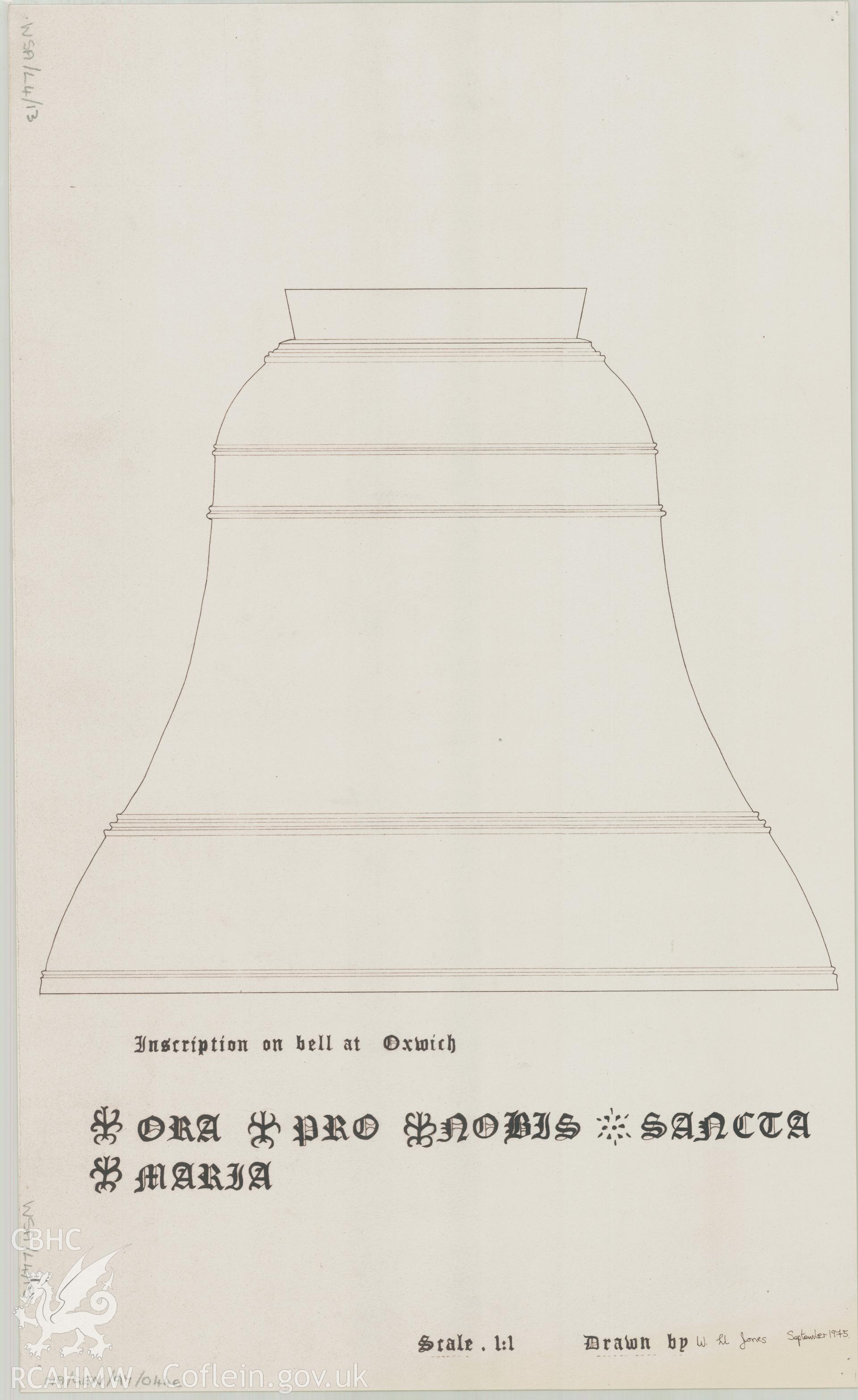 Measured drawing showing detail of the bell at St Illtyd's Church, Oxwich, produced by W.Ll. Jones, September 1975.