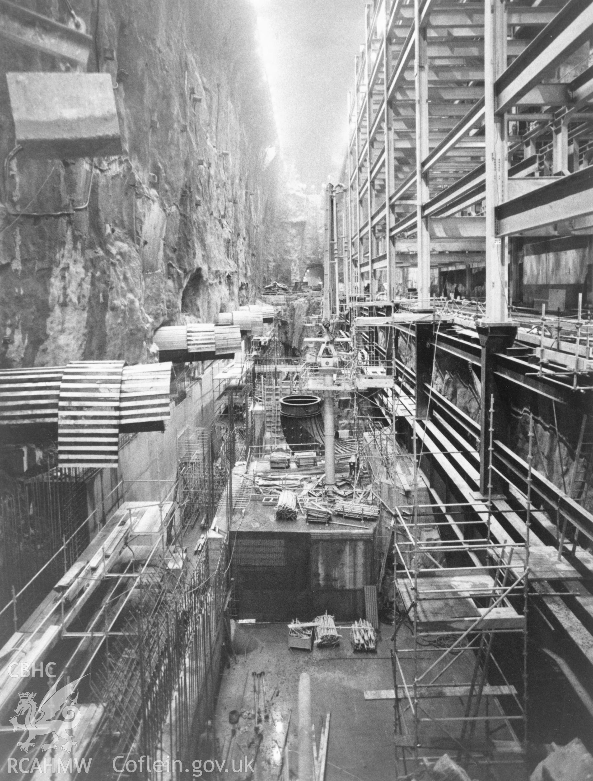 1 b/w print showing construction of the central hall at Dinorwig Power Station; collated by the former Central Office of Information.