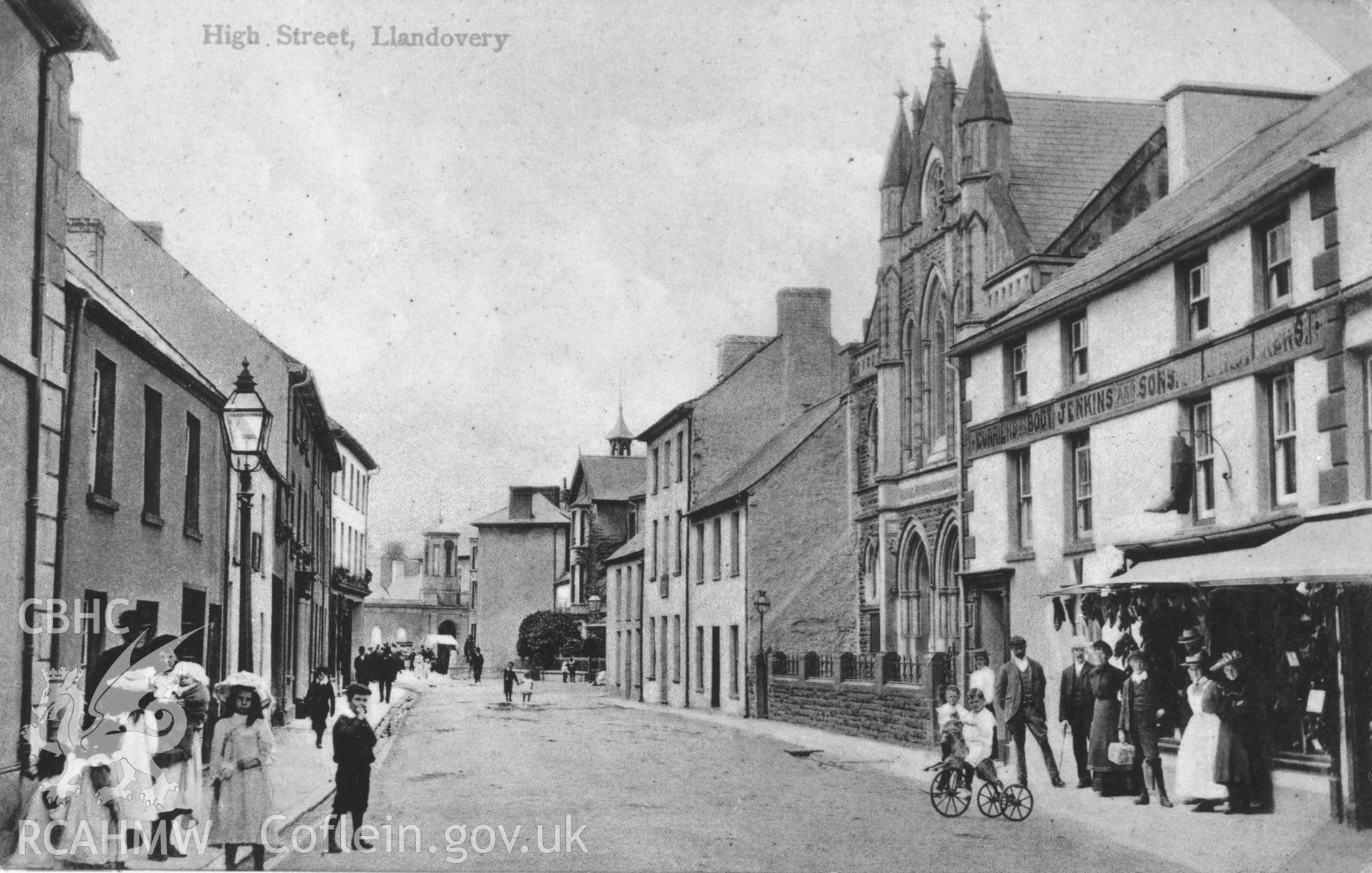 Copy of b/w postcard of High Street, Llandovery, copied from original loaned by Thomas Lloyd.  Copy negative held.