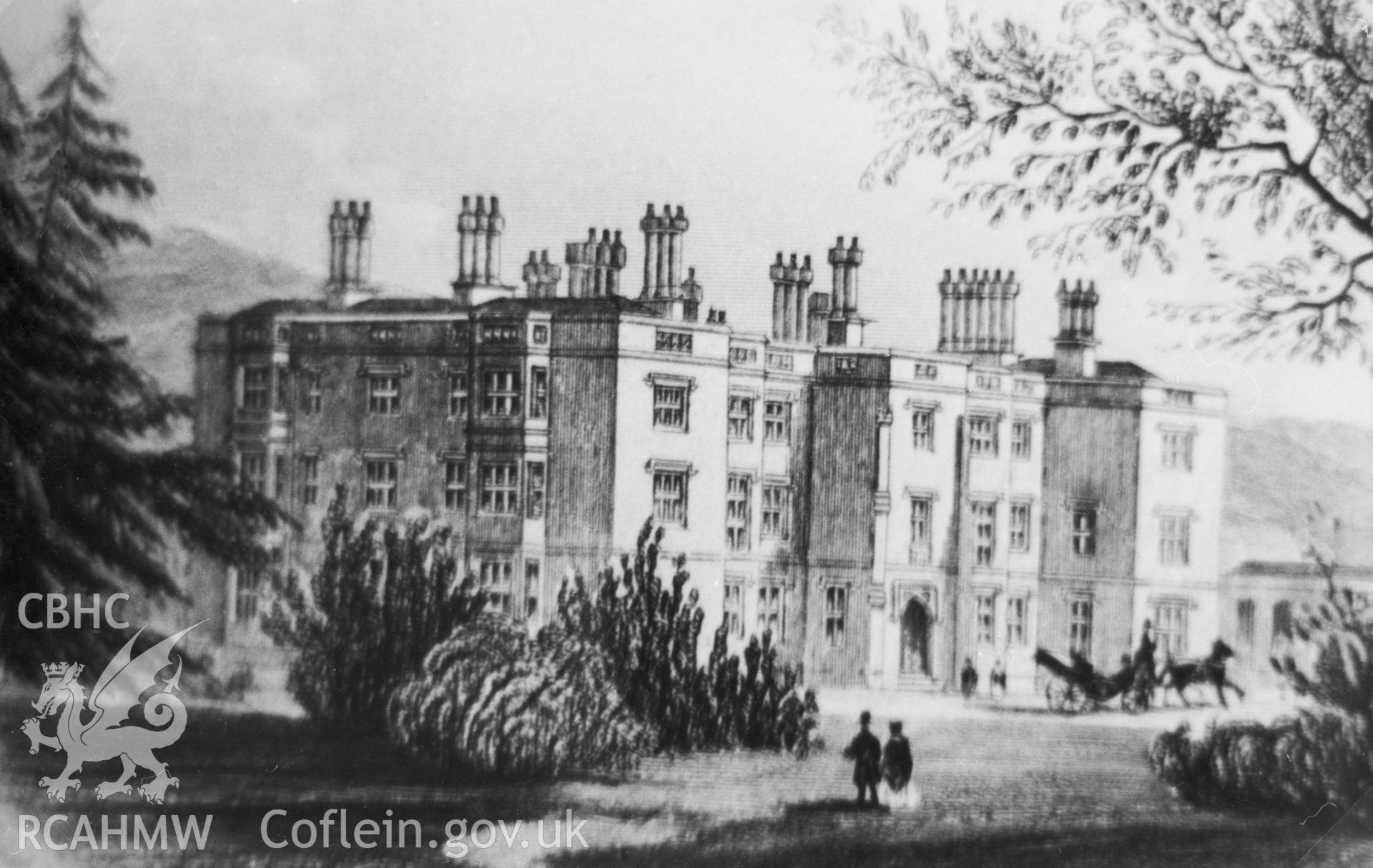 Copy of black and white image of Llanover House, Llanover, Monmouthshire, copied from early undated illustration showing exterior, loaned by Thomas Lloyd.
