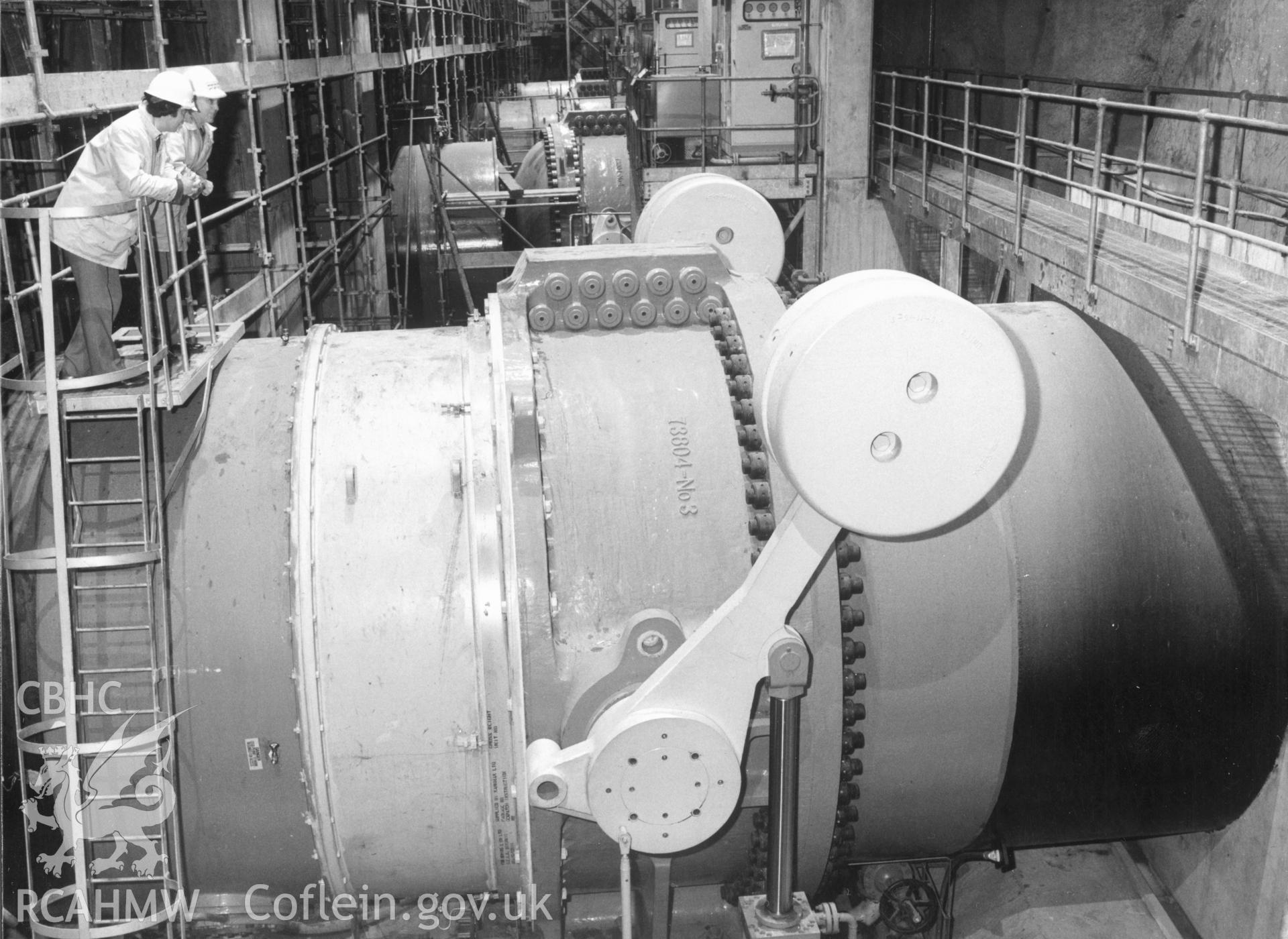 1 b/w print showing view along the outlet valve gallery at Dinorwig Power Station; collated by the former Central Office of Information.