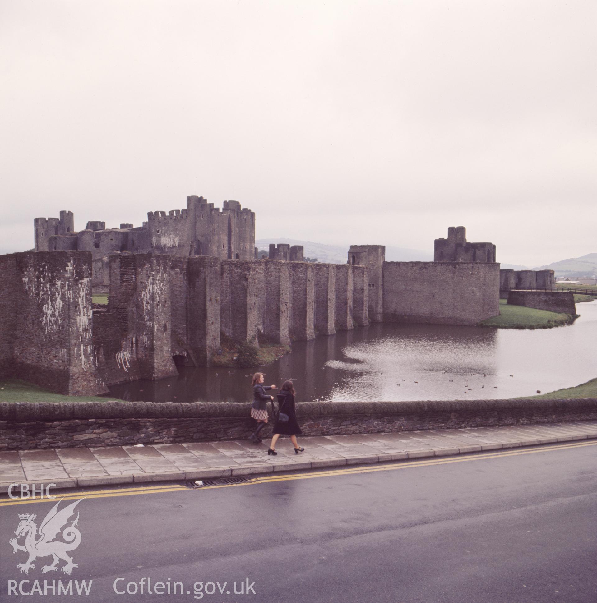 1 colour transparency showing view of Caerphilly Castle, undated; collated by the former Central Office of Information.