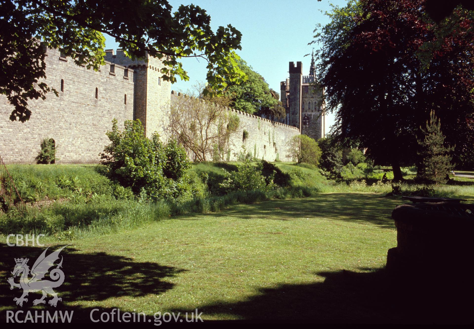 Colour transparency showing view of Cardiff town walls; collated by the former Central Office of Information.
