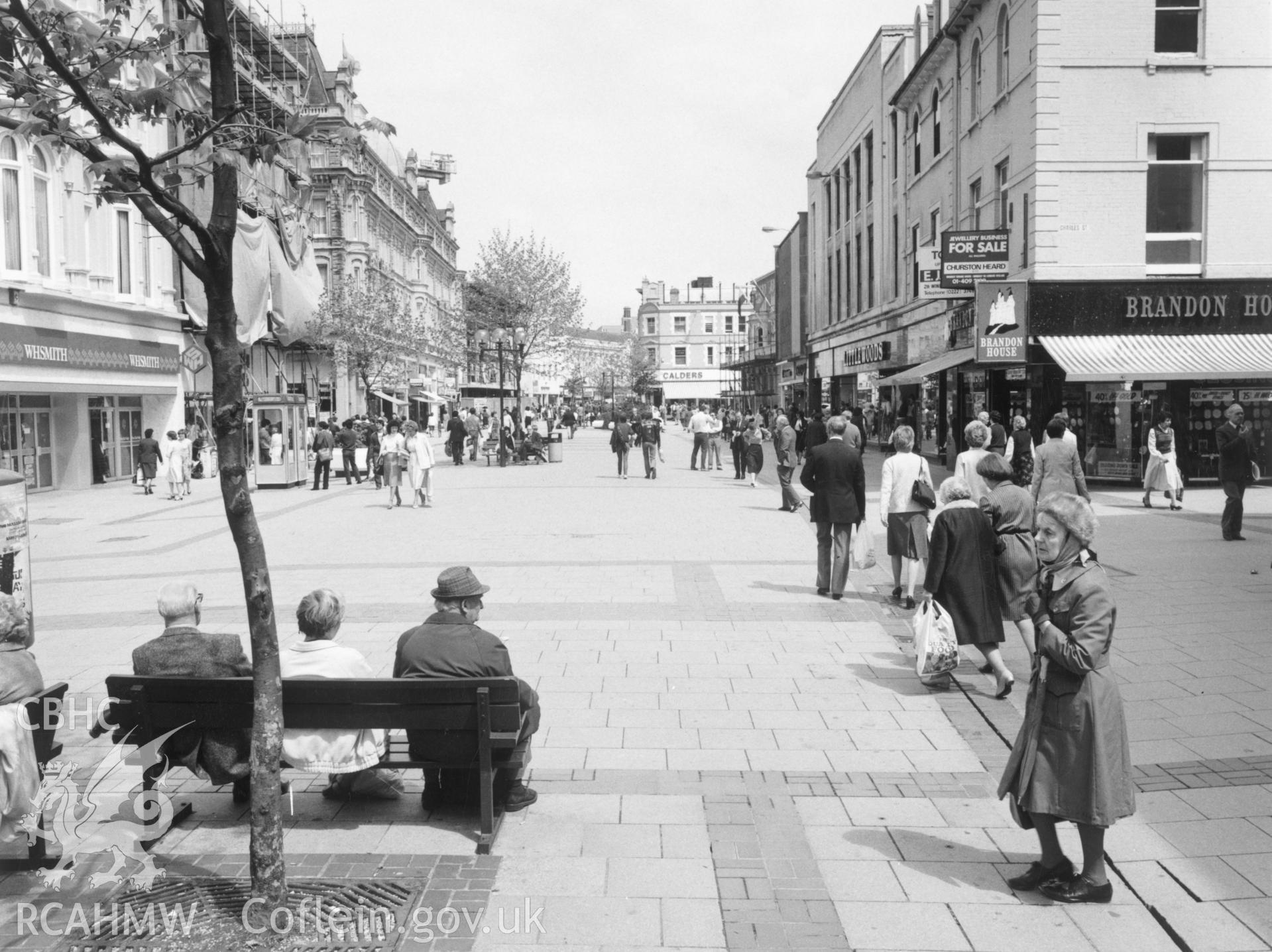 1 b/w print showing St Davids Centre, Cardiff (pedestrianised area), collated by the former Central Office of Information.