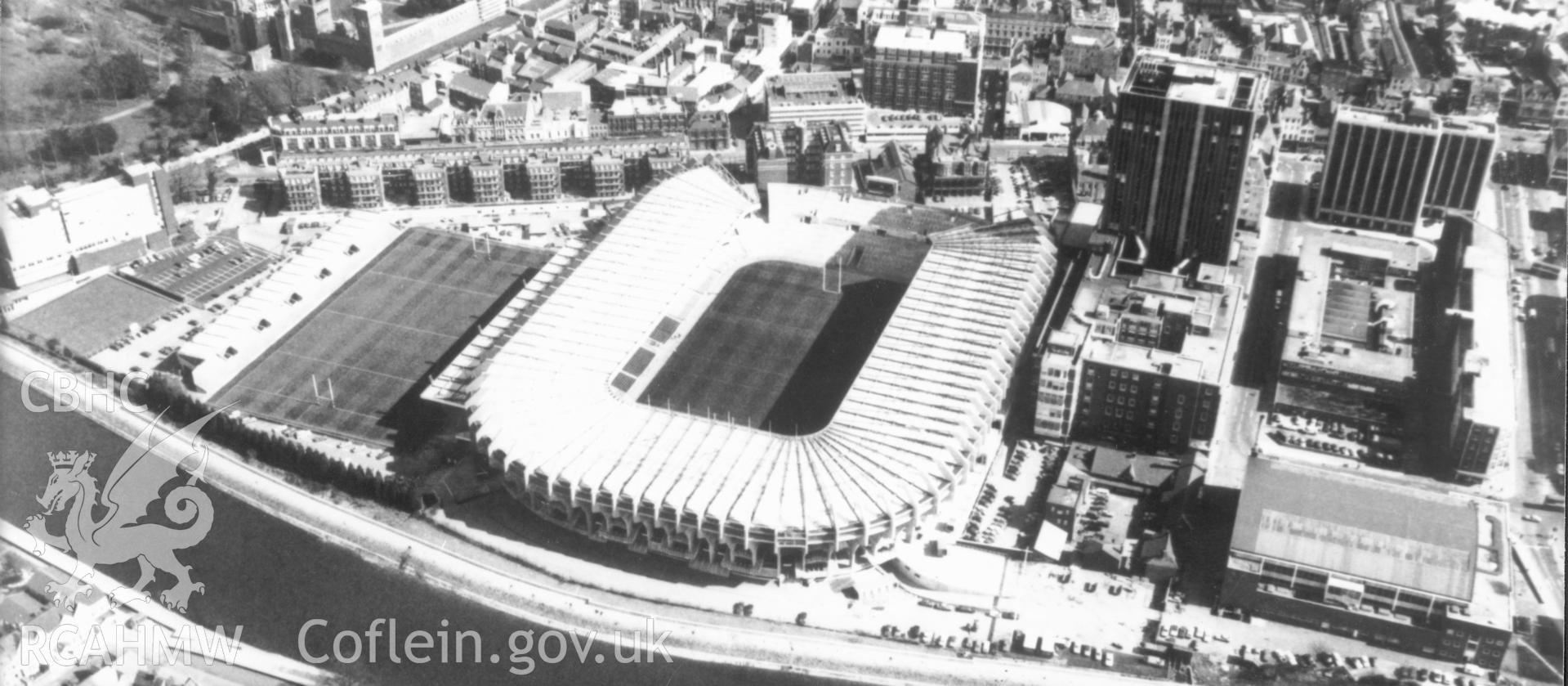 1 b/w print showing aerial oblique view of Cardiff Arms Park, Cardiff; collated by the former Central Office of Information.