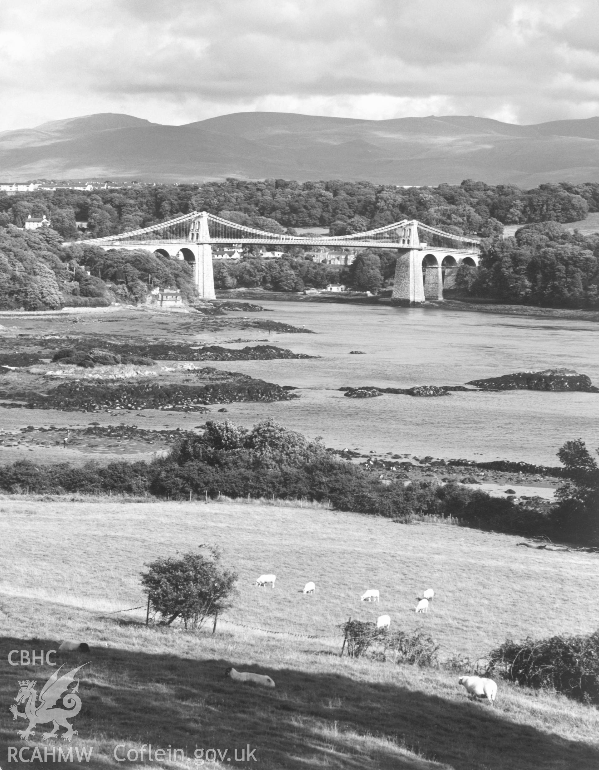 1 b/w print showing Menai suspension bridge (from Anglesey), collated by the former Central Office of Information.
