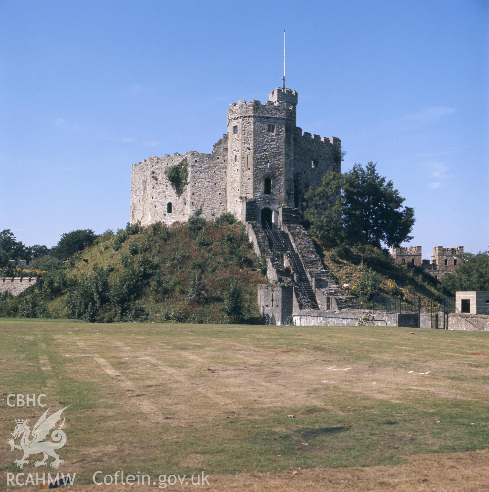 1 colour transparency showing view of Cardiff Castle keep, undated; collated by the former Central Office of Information.