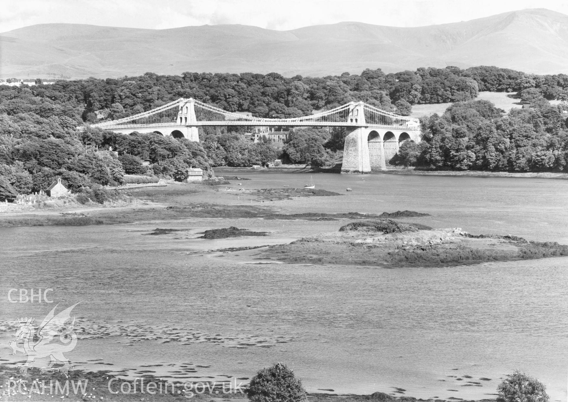 1 b/w print showing Menai suspension bridge, collated by the former Central Office of Information.