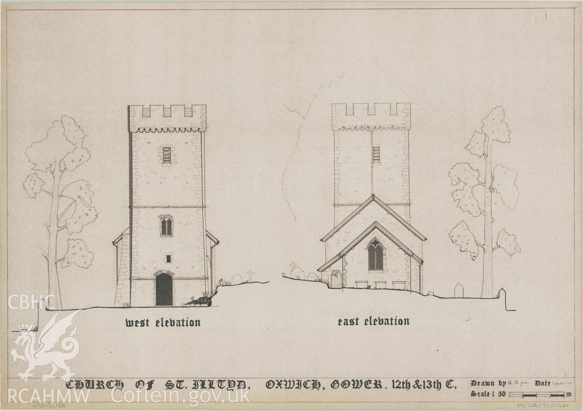 Measured drawing showing west and east elevation of St Illtyd's Church, Oxwich, produced by W.Ll. Jones, September 1975.