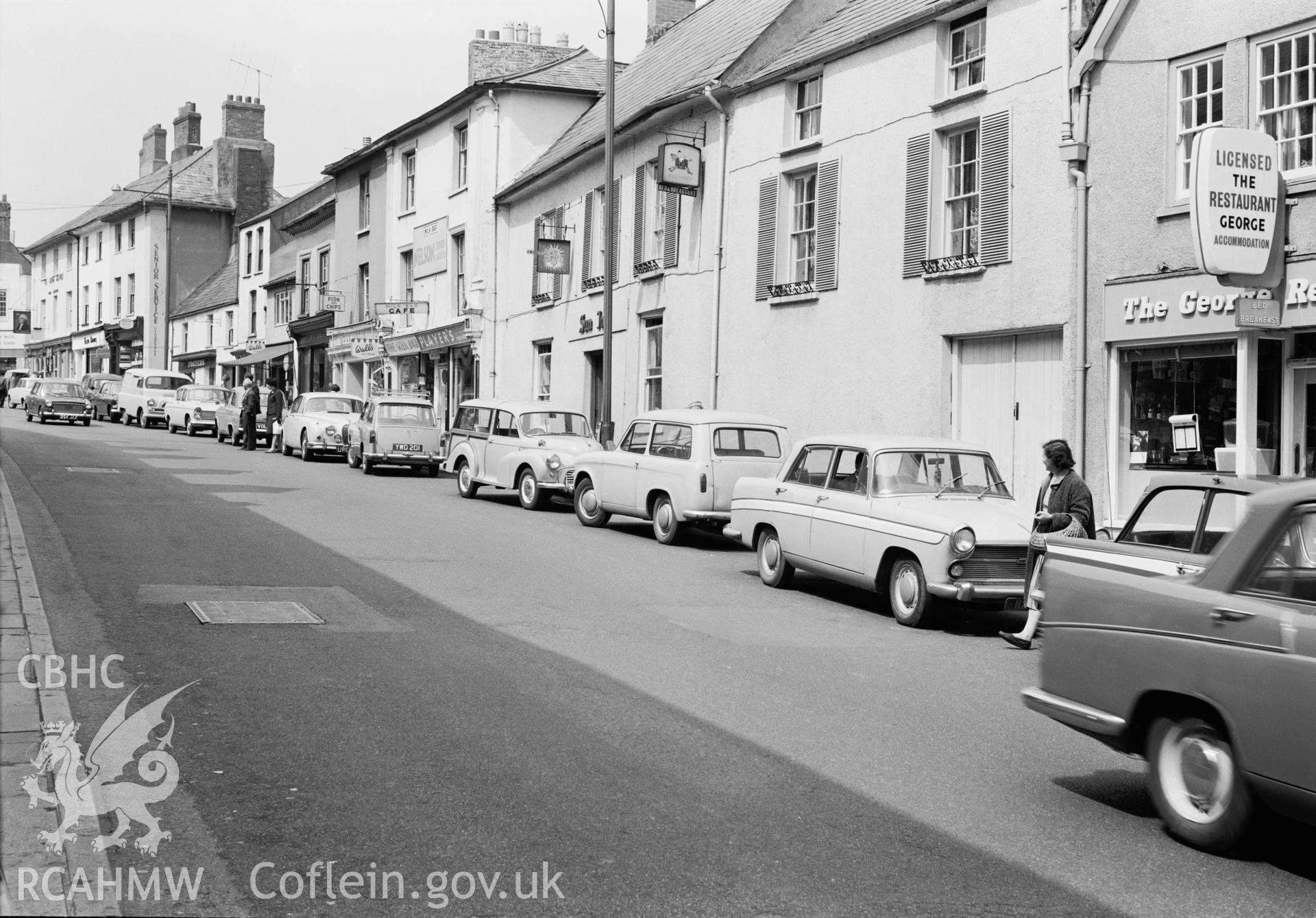 Black and white photograph showing Cross Street, Abergavenny taken by E.G. Holt 1965.
