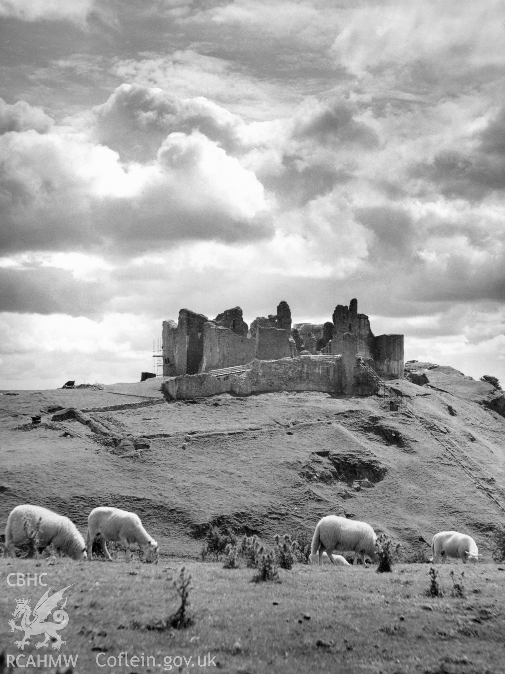 1 b/w print showing aspect of Carreg Cennen castle with scaffolding and sheep, collated by the former Central Office of Information.