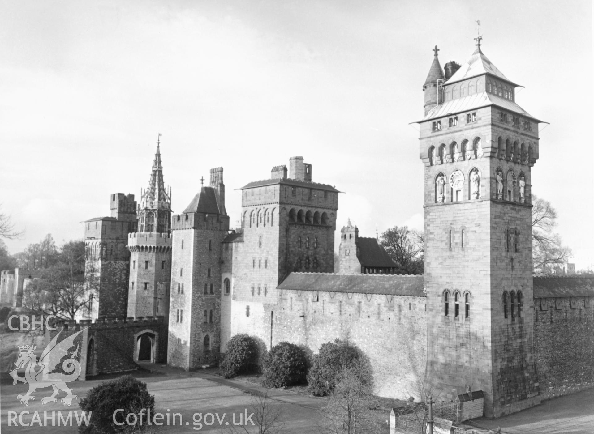 1 b/w print showing view of Cardiff castle, collated by the former Central Office of Information.