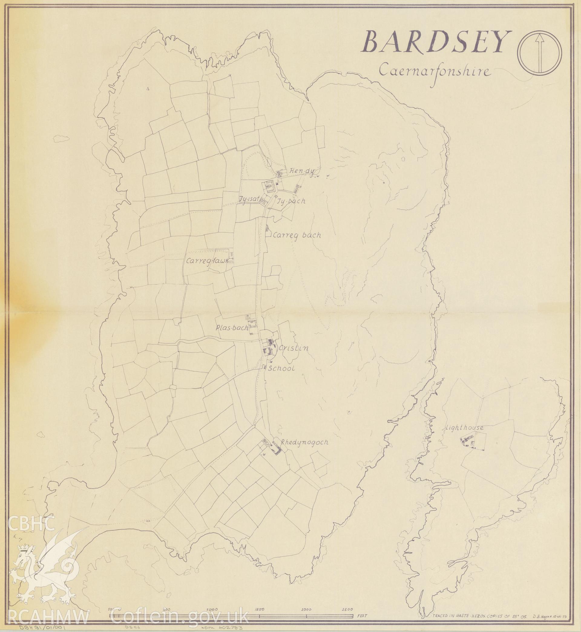 Dyeline copy of an annotated large scale map showing the location of farmsteads across Bardsey Island, compiled by Douglas Hague 1973