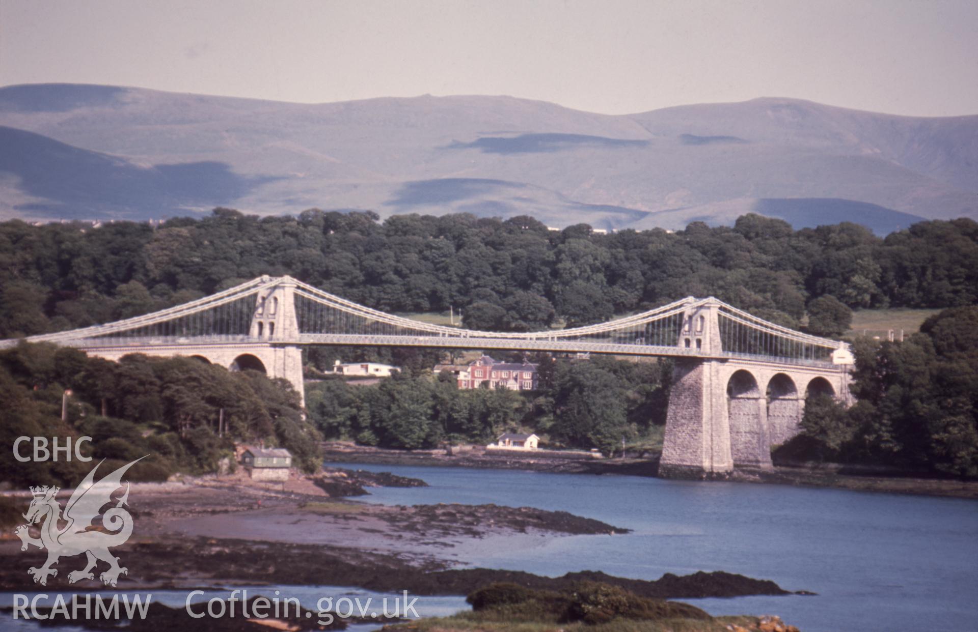 1 colour transparency showing view of Menai suspension bridge; collated by the former Central Office of Information.