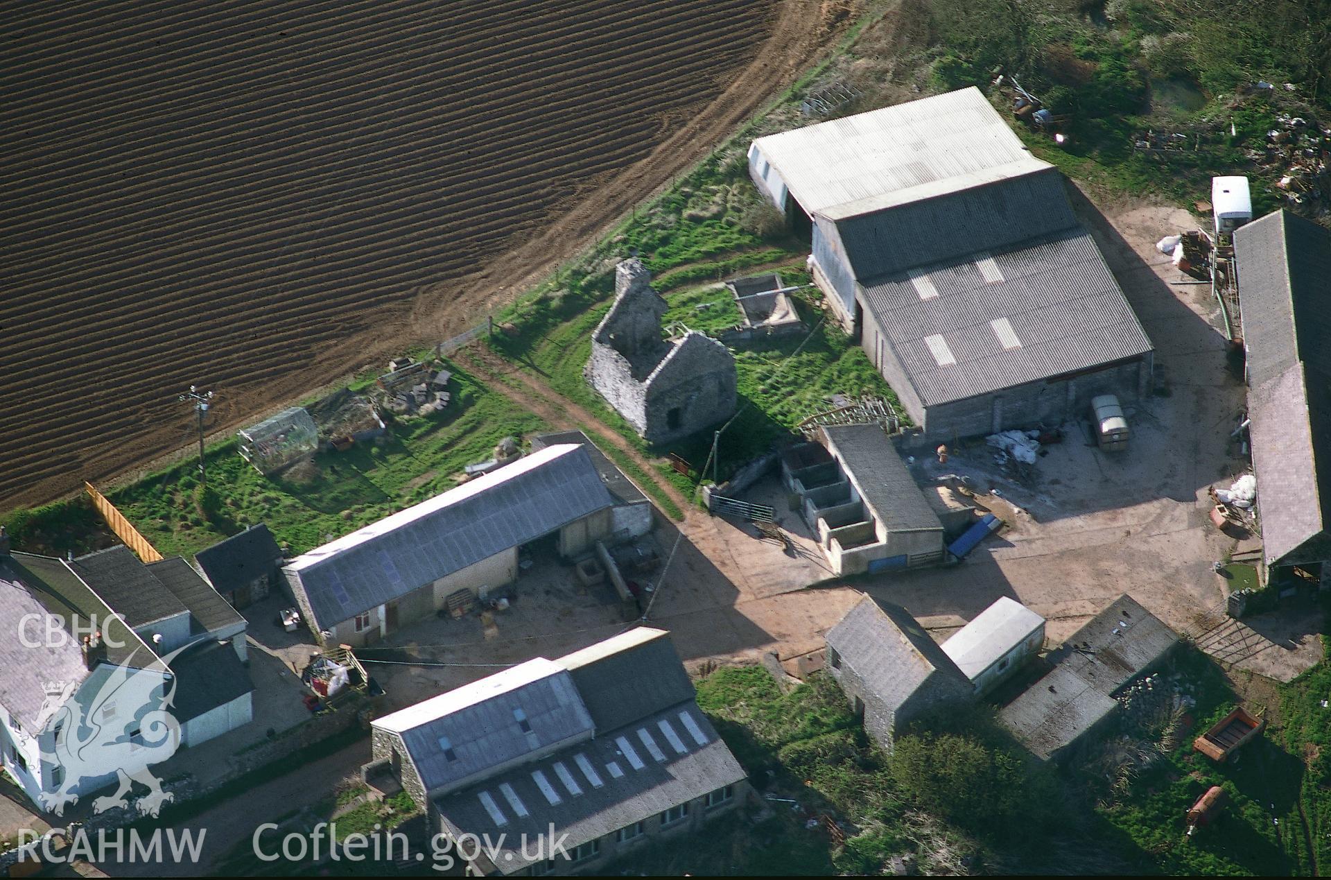 Slide of RCAHMW colour oblique aerial photograph of ruins at Carswell Farm, taken by C.R. Musson, 13/4/1995.