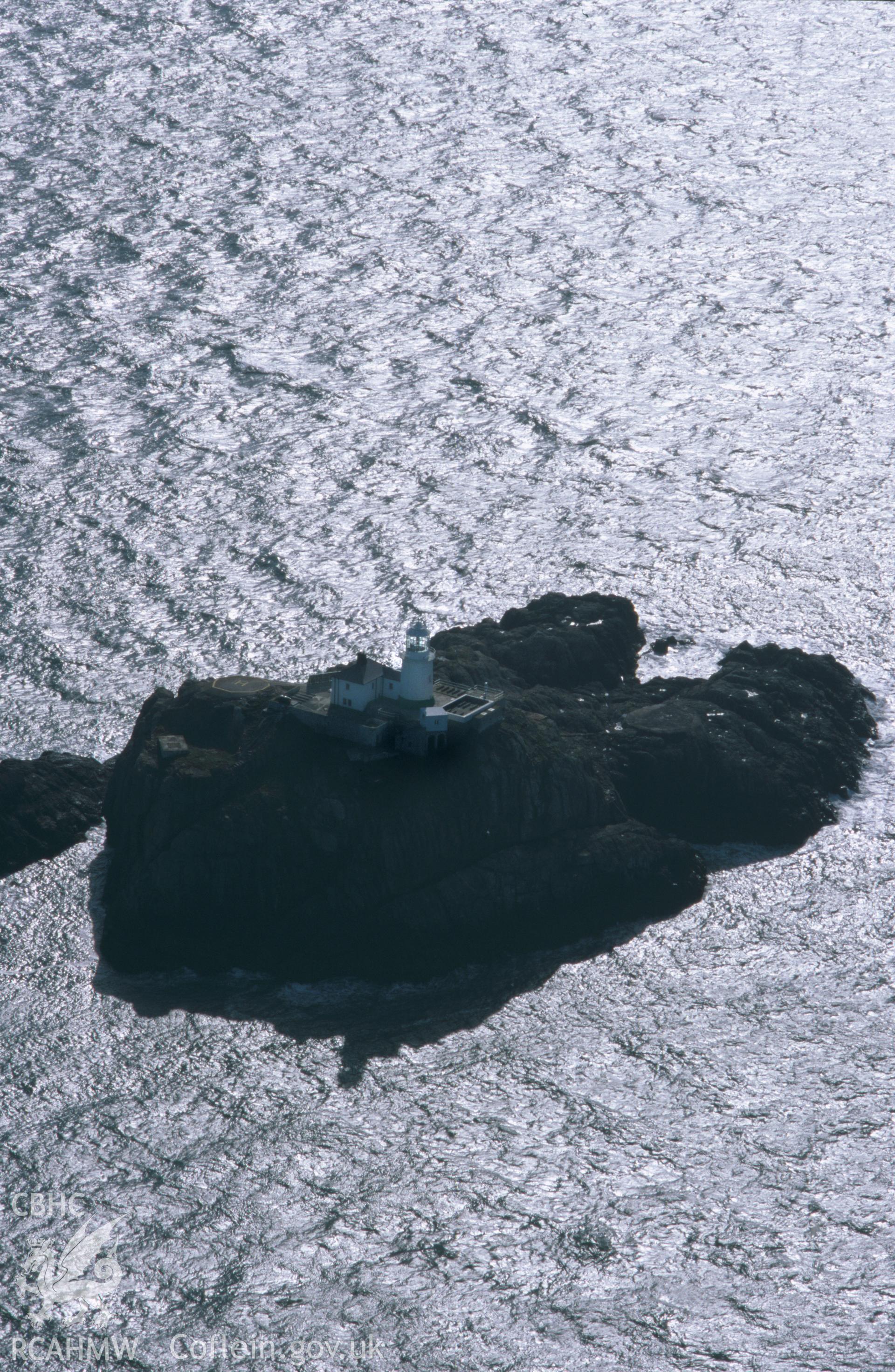 Slide of RCAHMW colour oblique aerial photograph of South Bishop Lighthouse, taken by T.G. Driver, 2002.