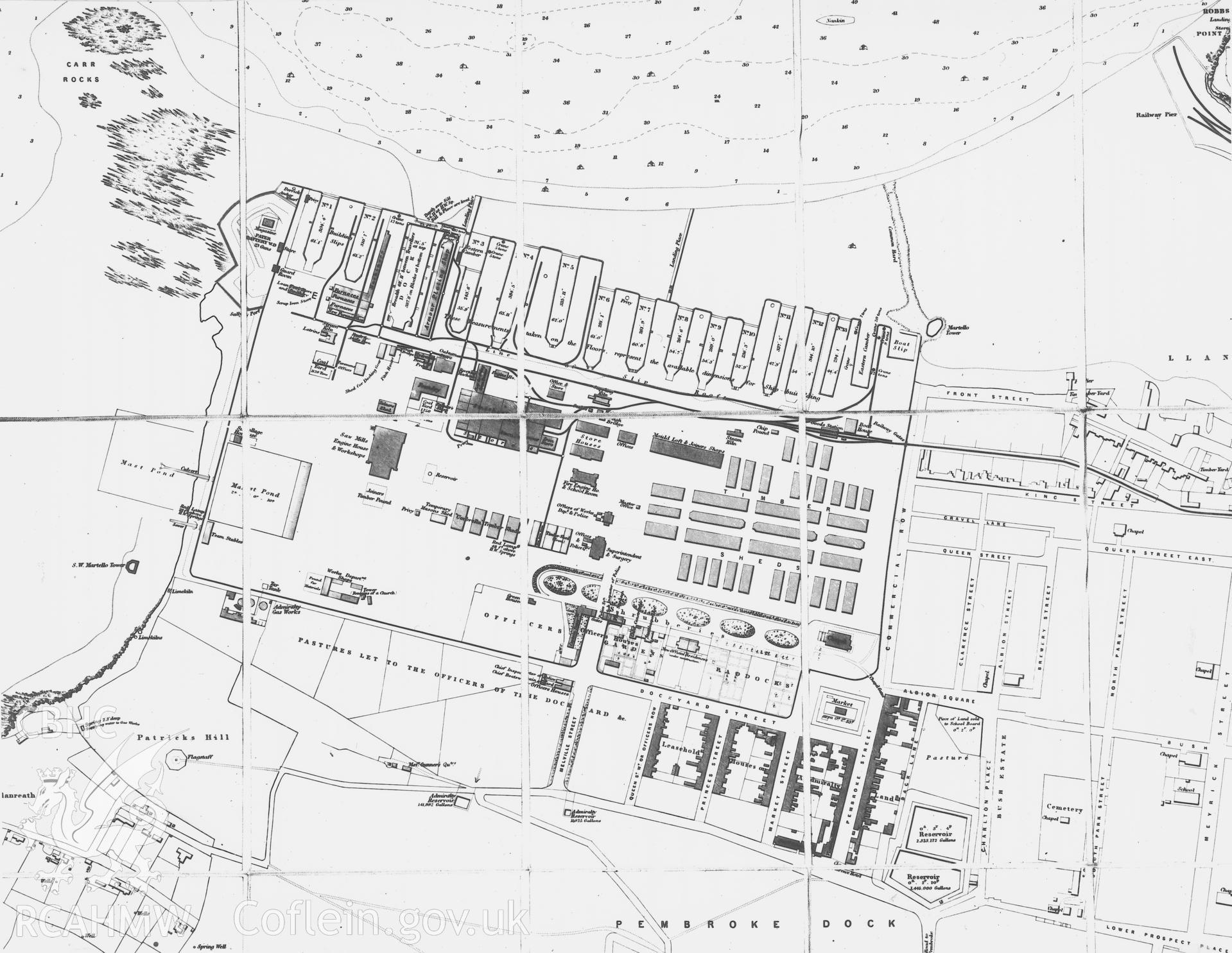 Pembroke Dockyard; photographic copies of three large scale plans showing the layout of the dockyard, origin uncertain.