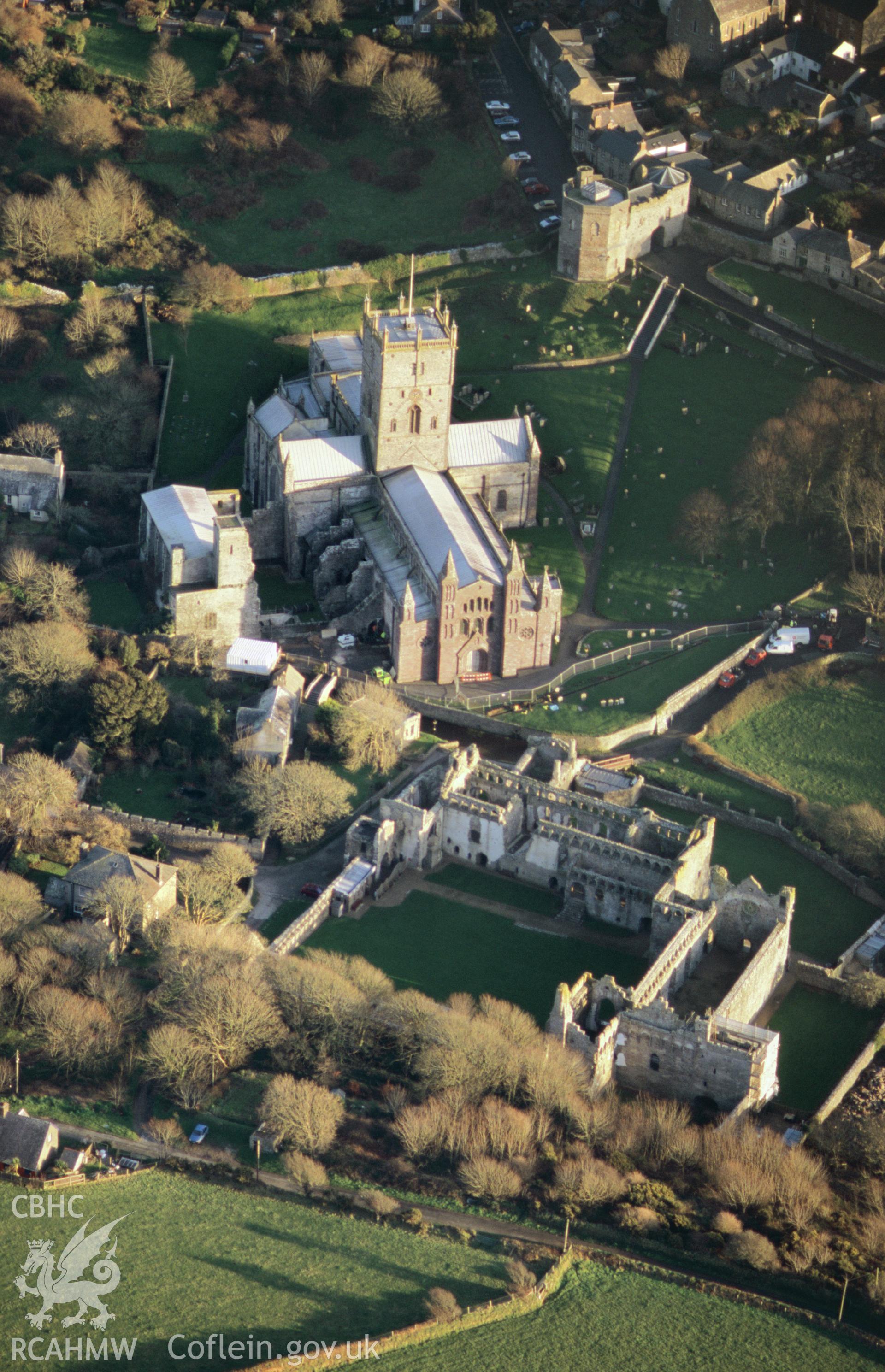 Slide of RCAHMW colour oblique aerial photograph of St David's Cathedral, taken by T.G. Driver, 2005.