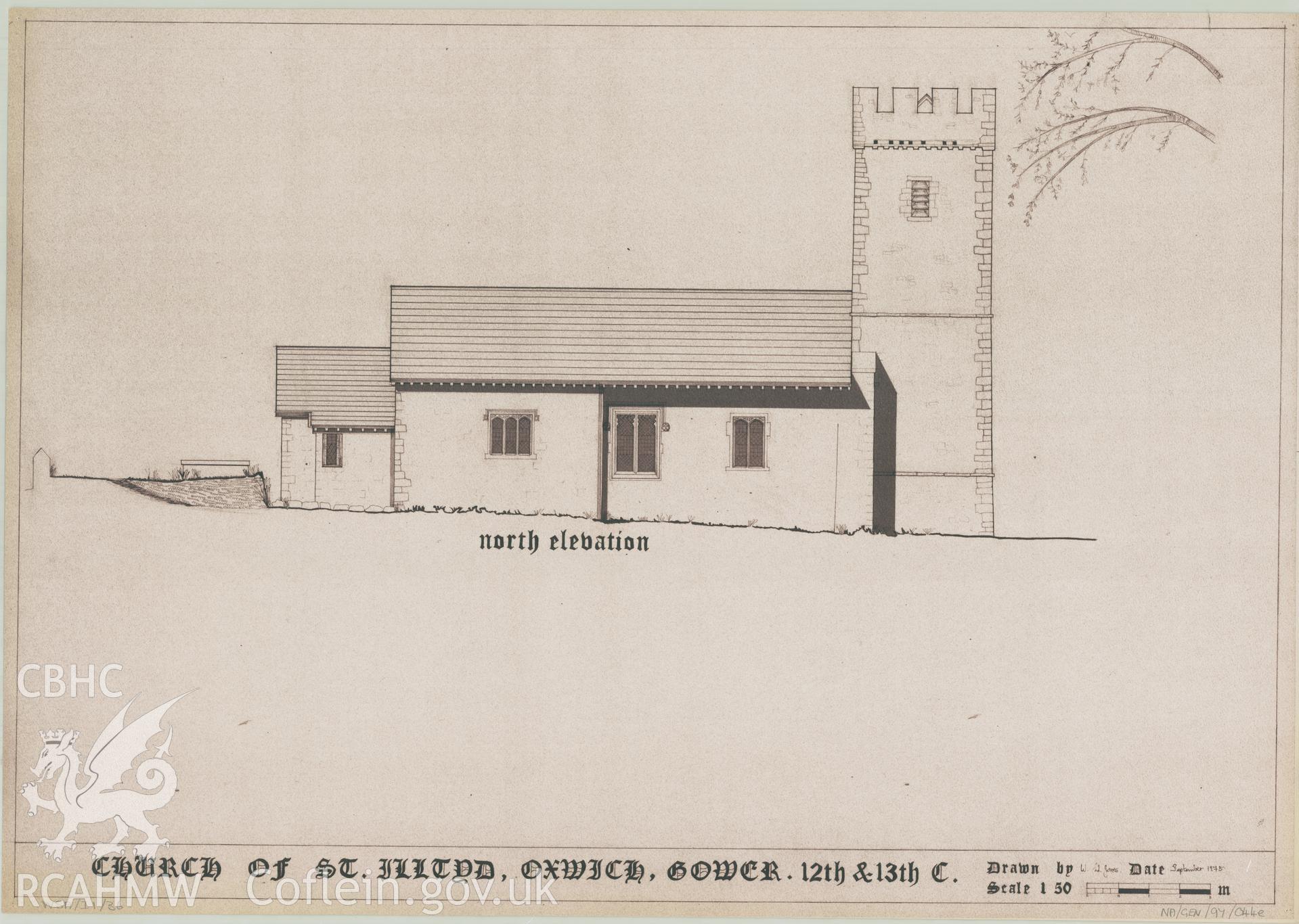 Measured drawing showing north elevation of St Illtyd's Church, Oxwich, produced by W.Ll. Jones, September 1975.