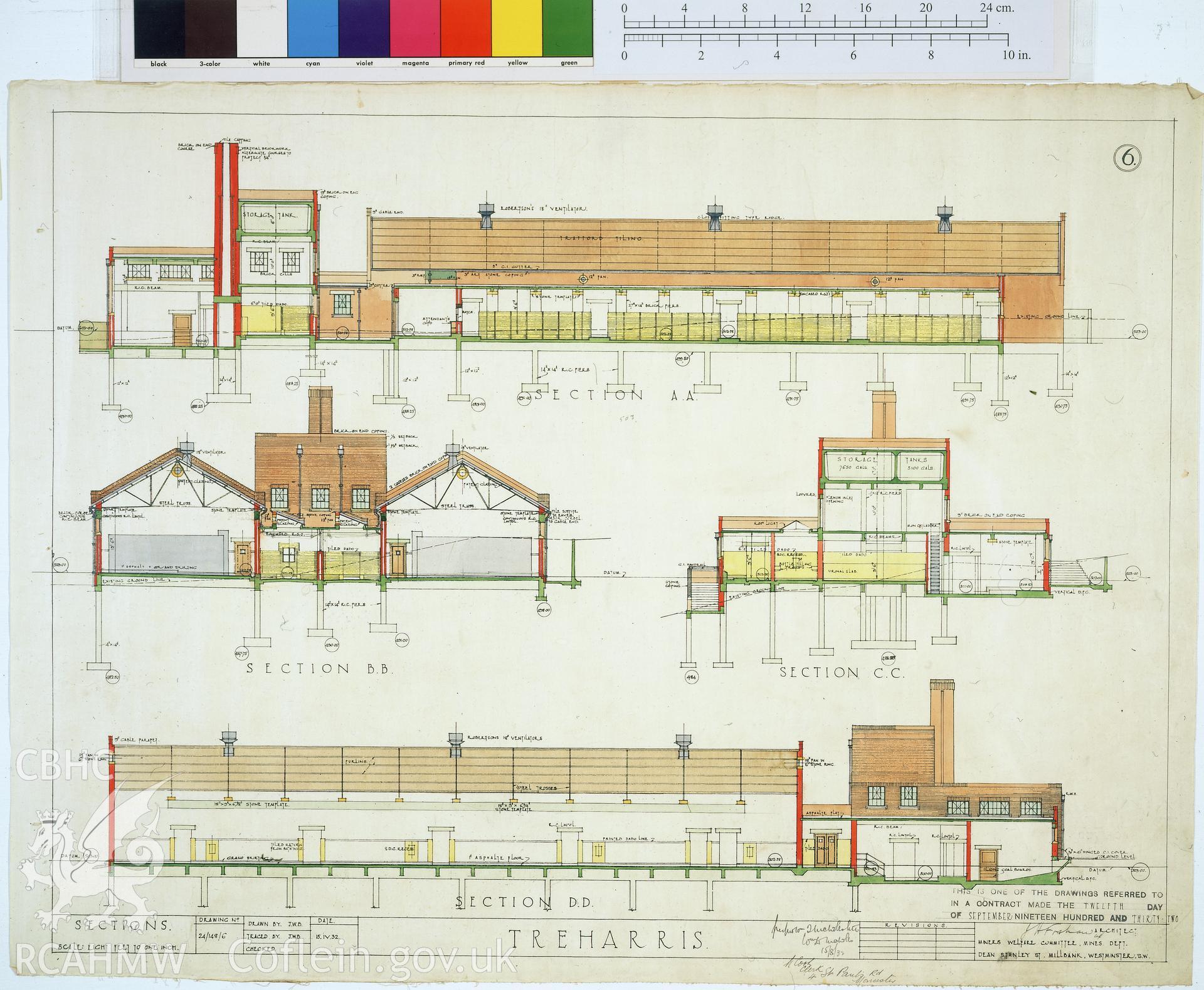 Colour transparency of a measured drawing showing section views of the Bath House at  Ocean Deep Navigation Colliery , by J.H. Forshaw, Architect, 1932, from originals currently held by Gwent Record Office pending distribution to relevant county.