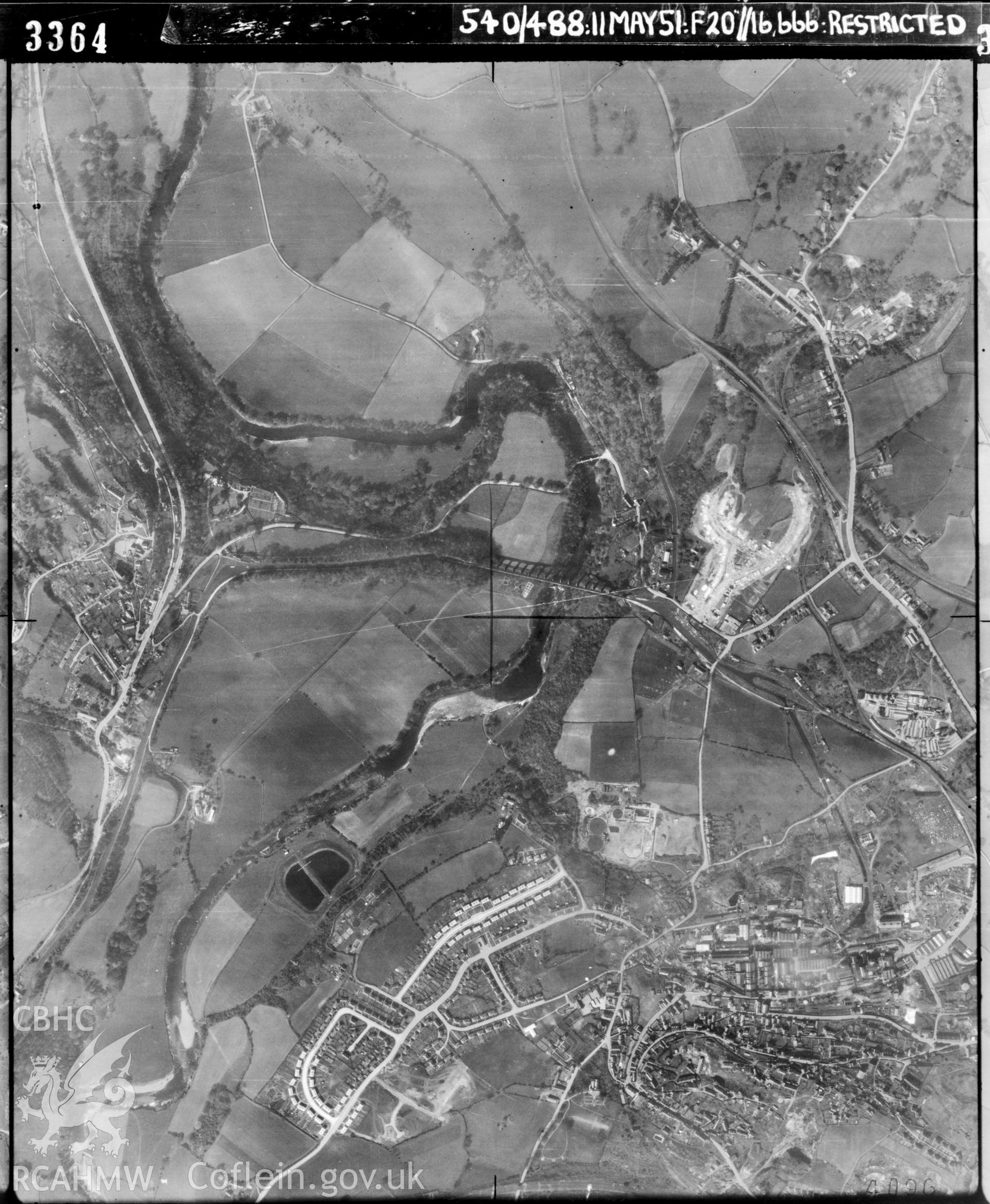 Black and white vertical aerial photograph taken by the RAF on 11/05/1951 centred on SJ27194183 at a scale of 1:10000. The photograph includes  Pontcysyllte Aqueduct as well as part of Llangollen Rural community in Wrexham.