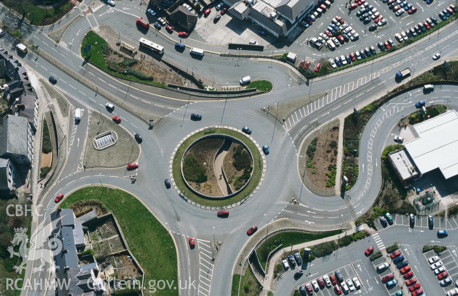 RCAHMW colour oblique aerial photograph of Haverfordwest, roundabout in town, modern feature. Taken by Toby Driver on 10/04/2003
