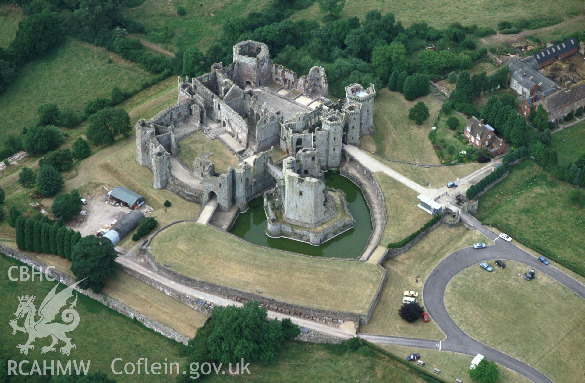 Slide of RCAHMW colour oblique aerial photograph of Raglan Castle, taken by C.R. Musson, 18/7/1994.