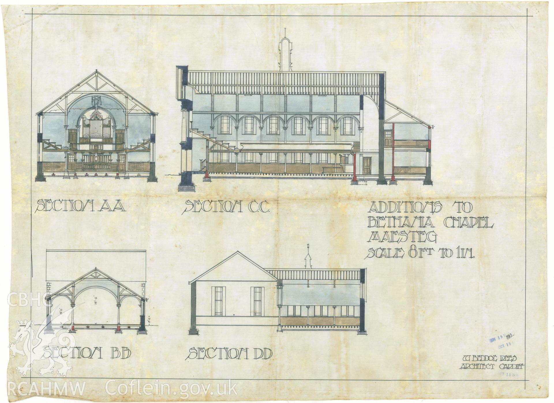 Digitized copy of a coloured pen and ink drawing by W. Beddoe Rees, dated 1906, showing the longitudinal and cross sections of the interior of Bethania Chapel, Maesteg. One of a set of original architectural drawings of Bethania Chapel, Maesteg, loaned for copying by their owners, the Welsh Religious Buildings Trust. The original drawings are held by the Glamorgan Record Office.