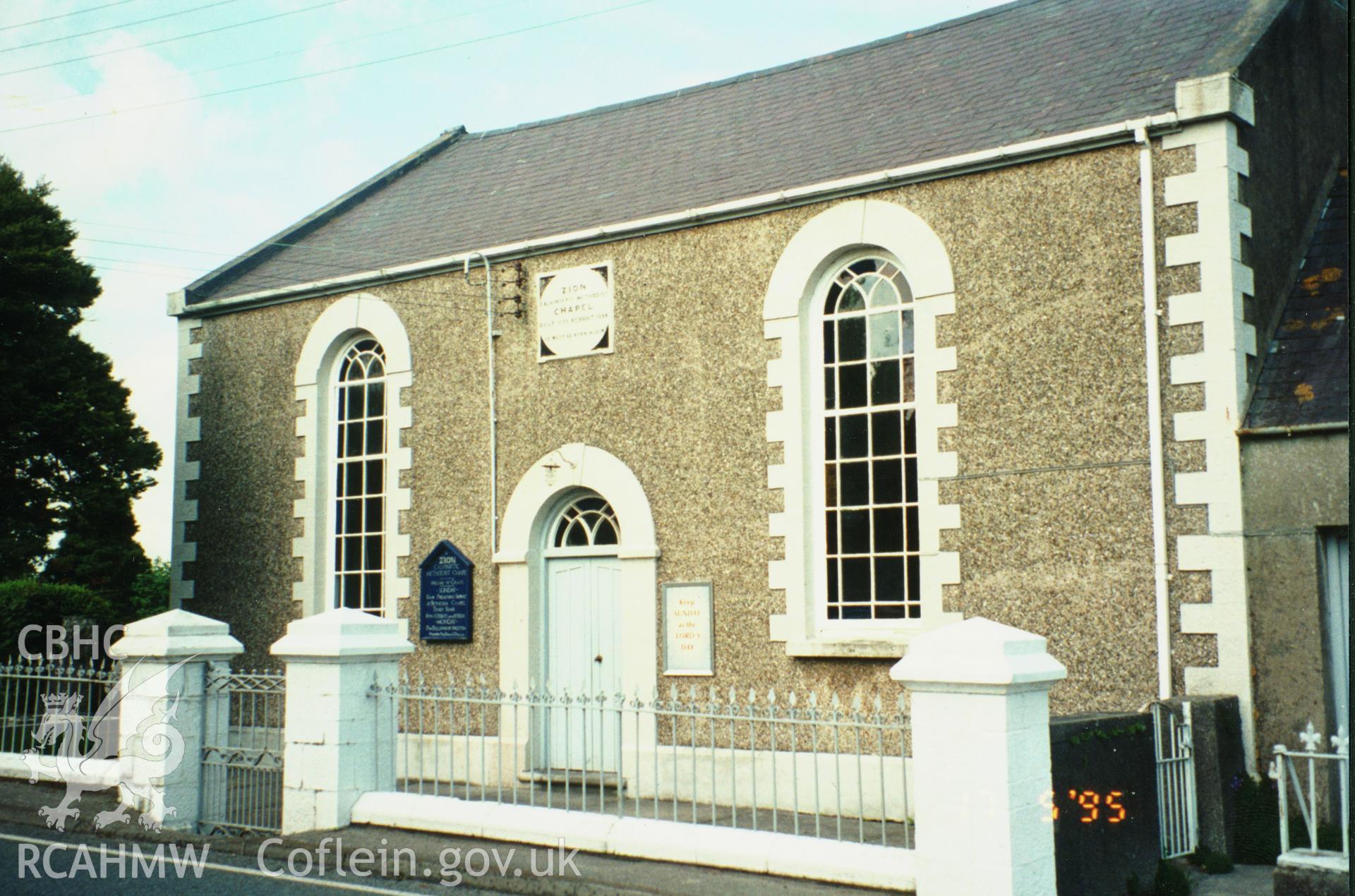 Digital copy of a colour photograph showing exterior view of Zion Calvinistic Methodist Chapel, Begelly, taken by Robert Scourfield, 1996.