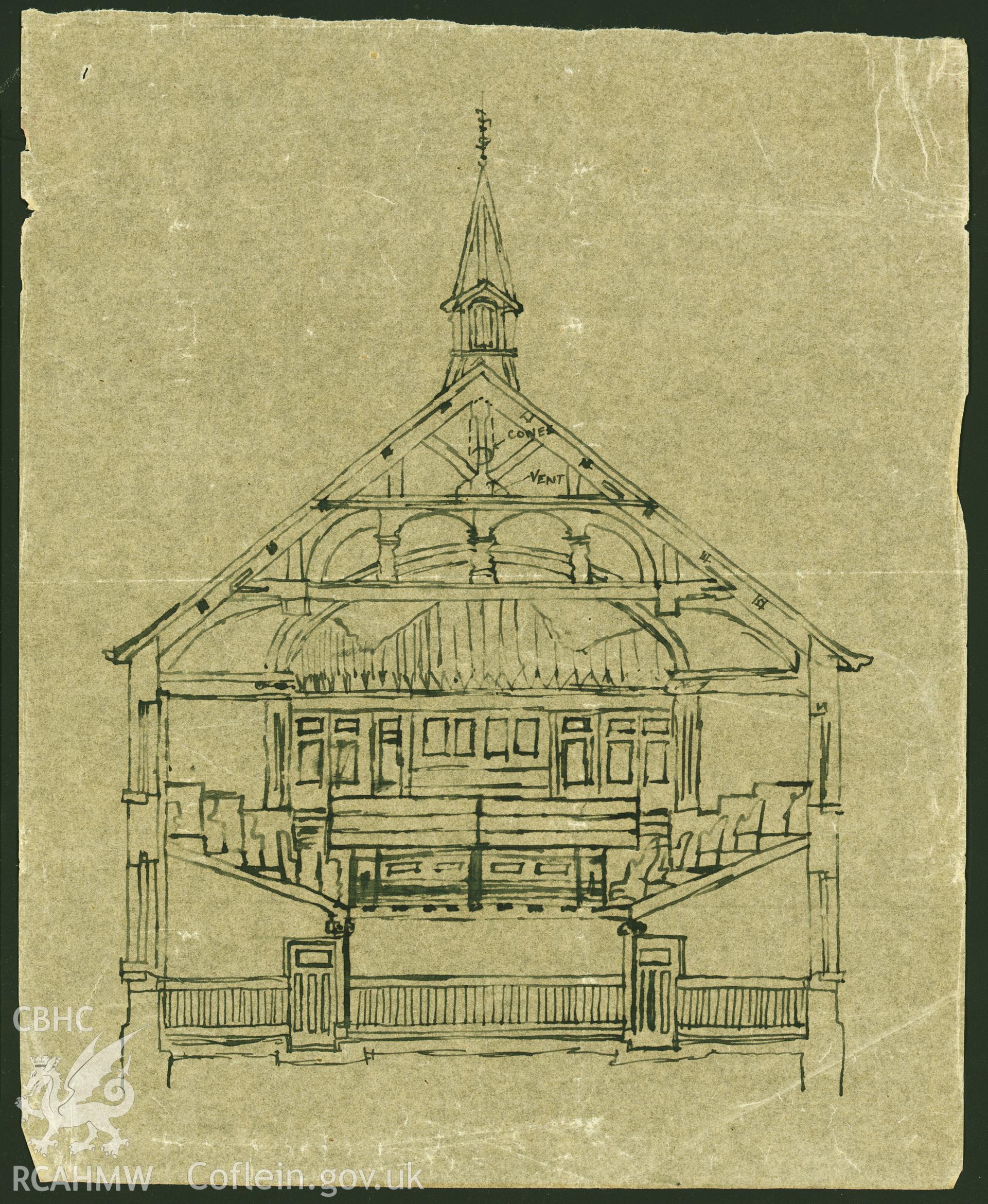 Digitized copy of a pen and ink drawing showing an sectional interior view of Bethania Chapel, Maesteg. Part of a collection of material relating to Bethania Chapel, Maesteg, loaned for copying by the Welsh Religious Buildings Trust. The original collection is held by the Glamorgan Record Office.