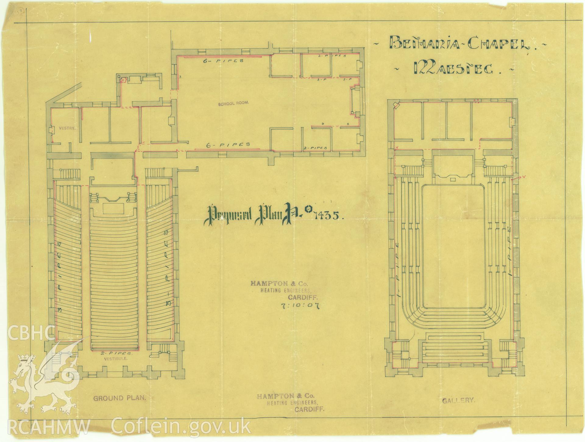 Digitized copy of a coloured pen and ink drawing by Hampton and Company, Heating Engineers of Cardiff, dated 1907, showing  the proposed heating plan at Bethania Chapel, Maesteg. One of a set of original architectural drawings of Bethania Chapel, Maesteg, loaned for copying by their owners, the Welsh Religious Buildings Trust. The original drawings are held by the Glamorgan Record Office.