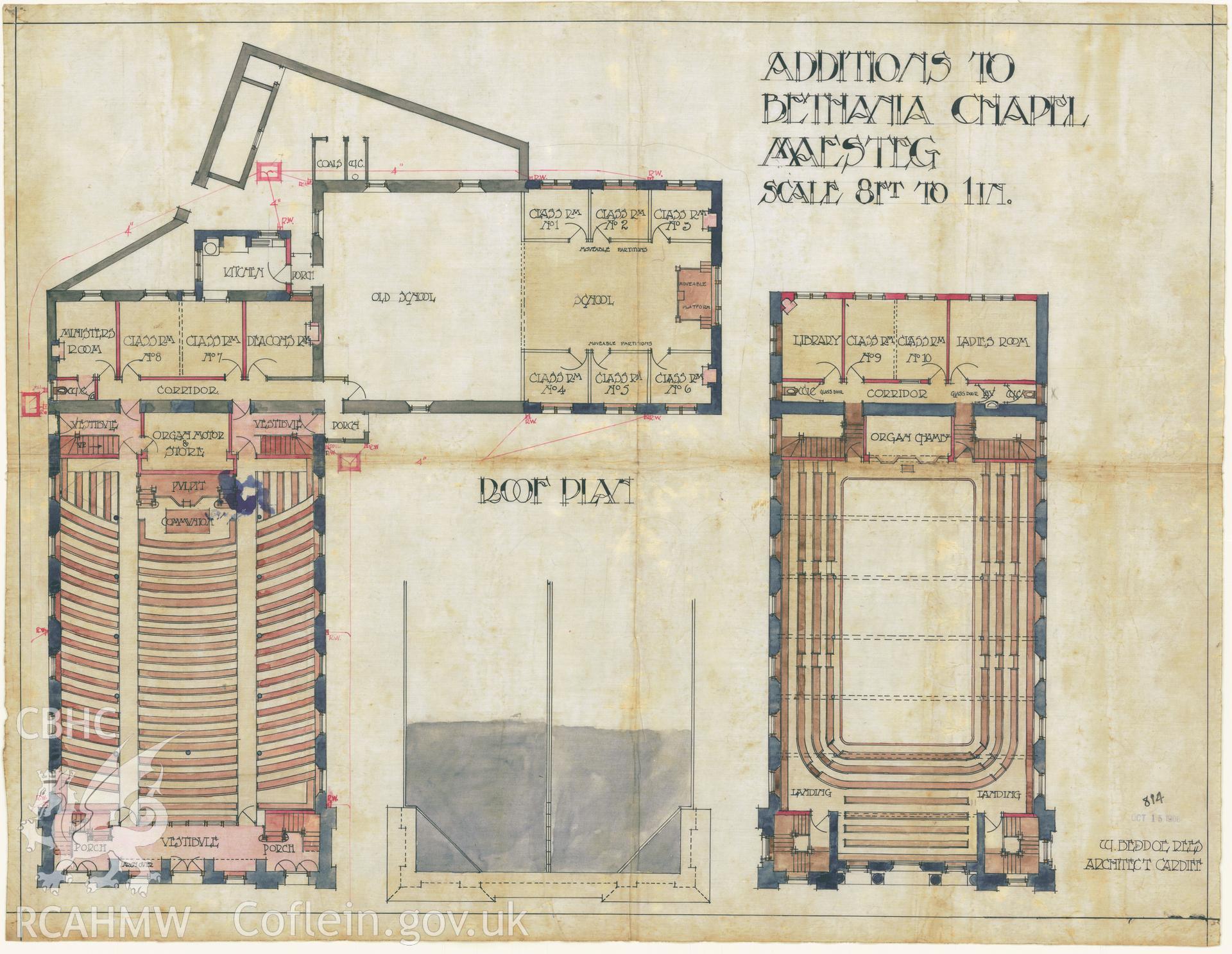 Digitized copy of a coloured pen and ink drawing by W. Beddoe Rees, dated 1906, showing general layout and roof plan of Bethania Chapel, Maesteg. One of a set of original architectural drawings of Bethania Chapel, Maesteg, loaned for copying by their owners, the Welsh Religious Buildings Trust. The original drawings are held by the Glamorgan Record Office.