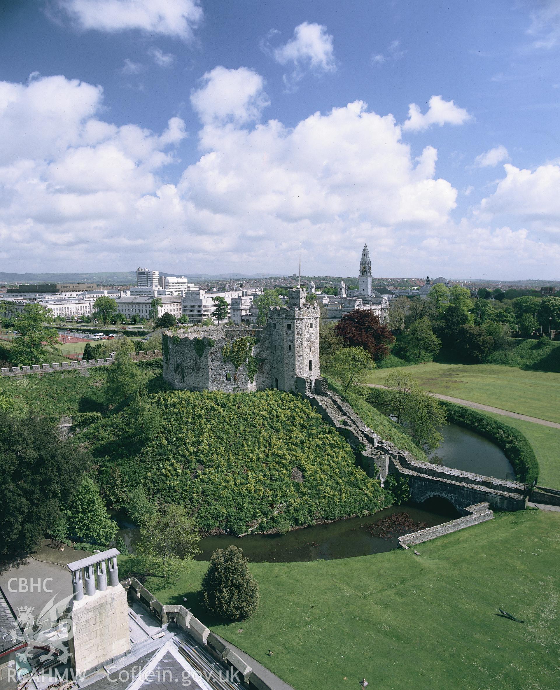 RCAHMW colour transparency of a general exterior view of Cardiff Castle, set in the Cardiff City landscape.