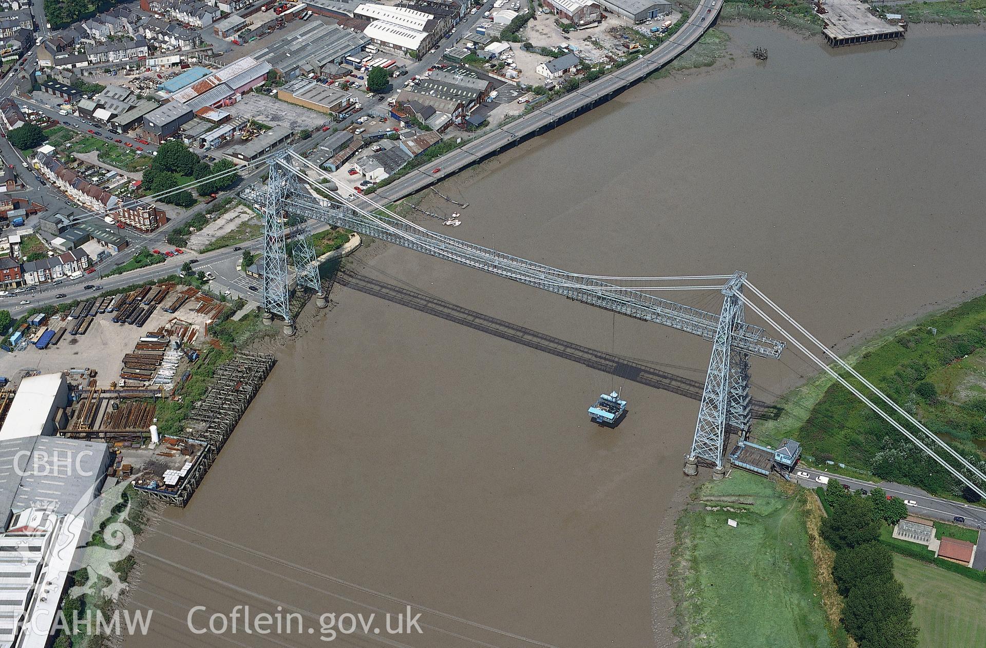 RCAHMW colour slide oblique aerial photograph of theTransporter Bridge, Newport, taken by Toby Driver, 2001.