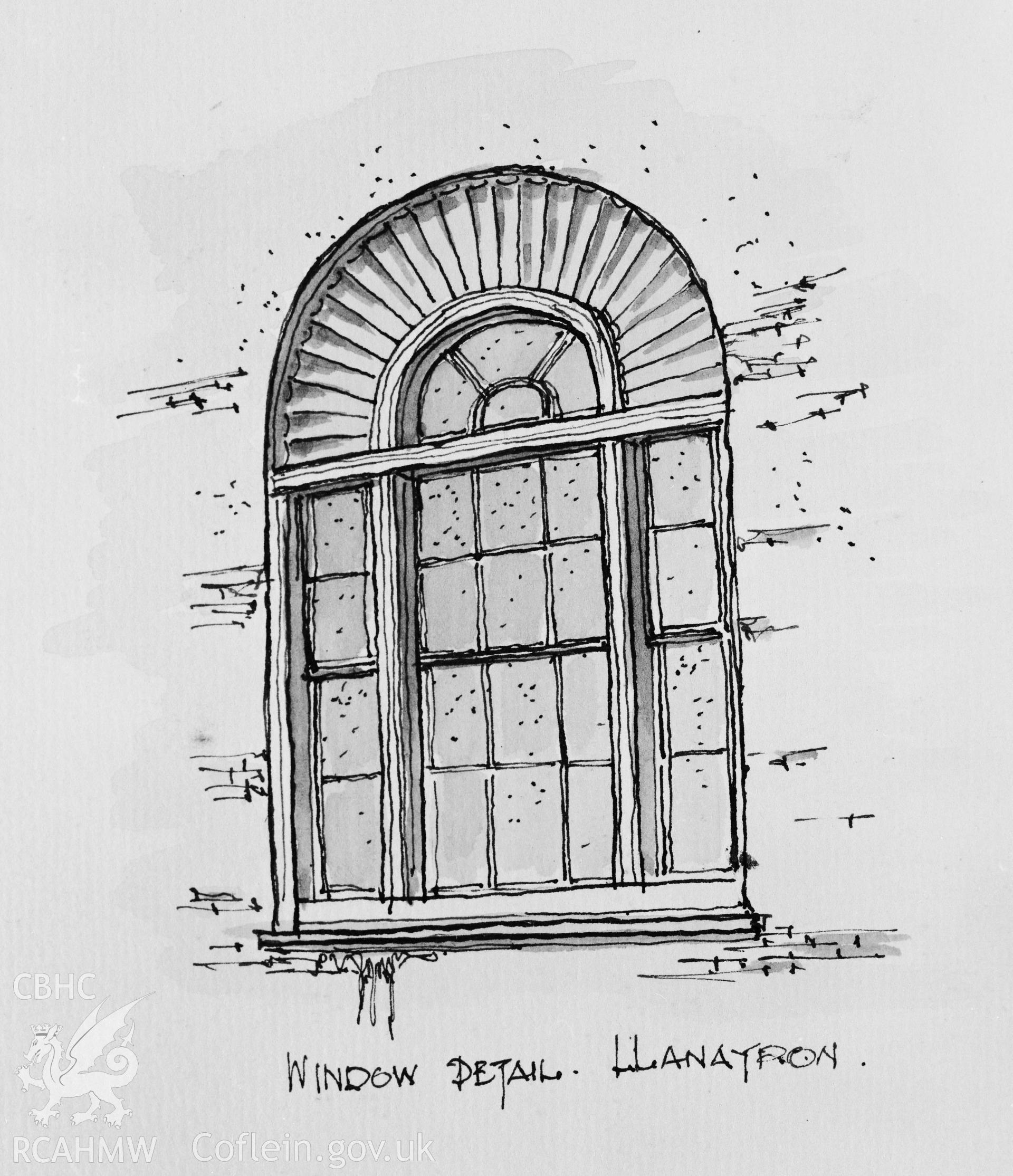 Black and white photographic print of a drawing of a window at Llanaeron House Ciliau Aeron, negative held.