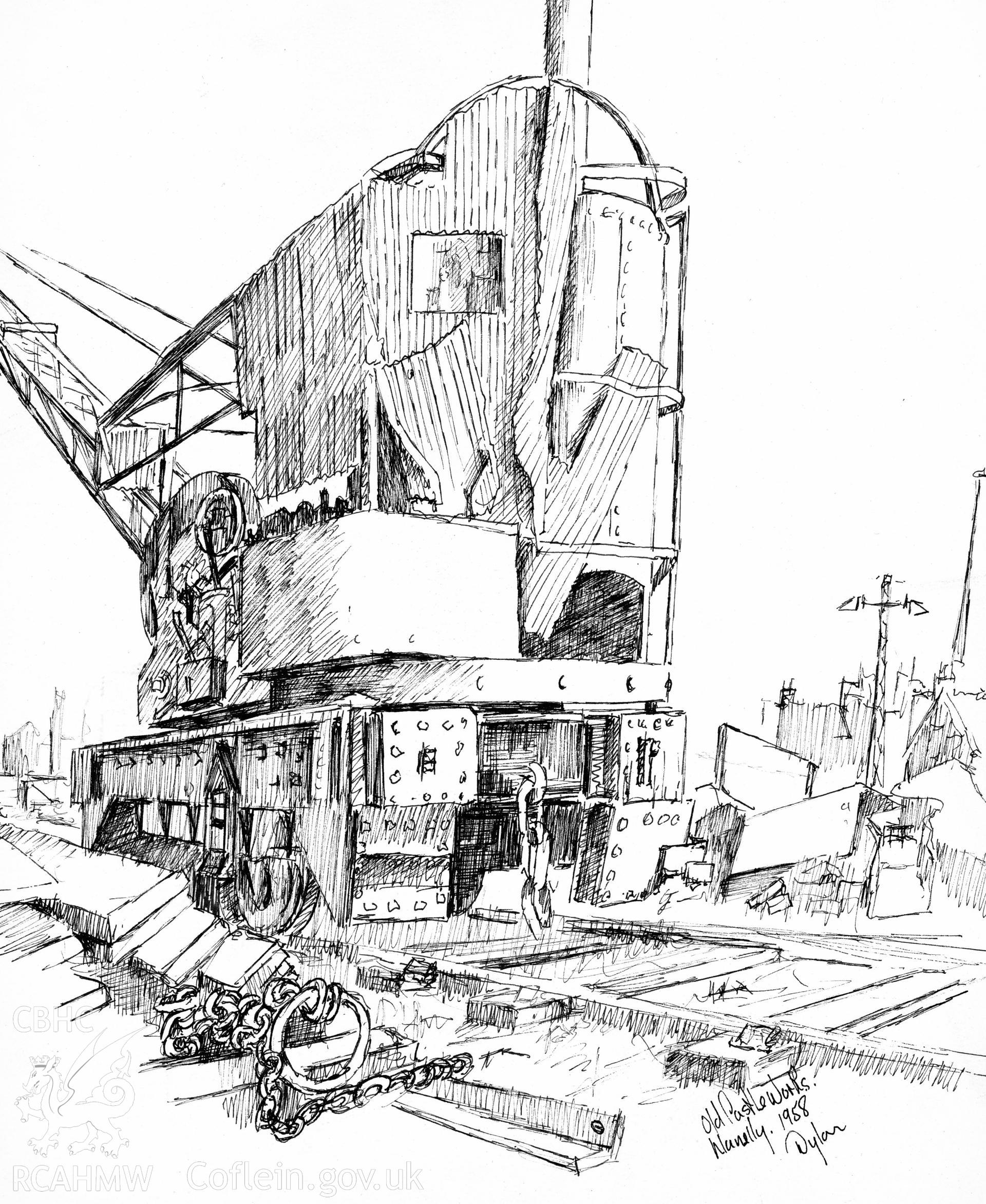 Pen and ink sketch by Dylan Roberts,  of crane machinery at the Old Castle Works, Llanelli.