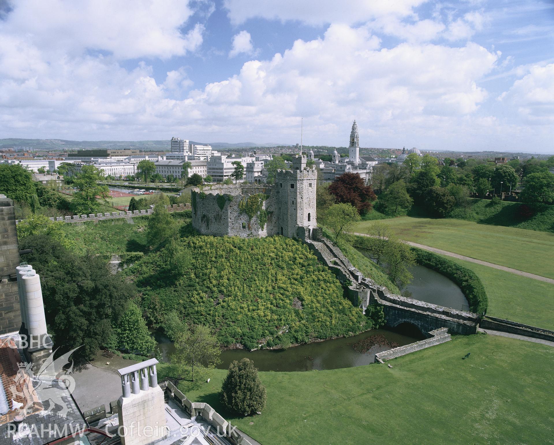 RCAHMW colour transparency of a general exterior view of Cardiff Castle, set in the Cardiff City landscape.