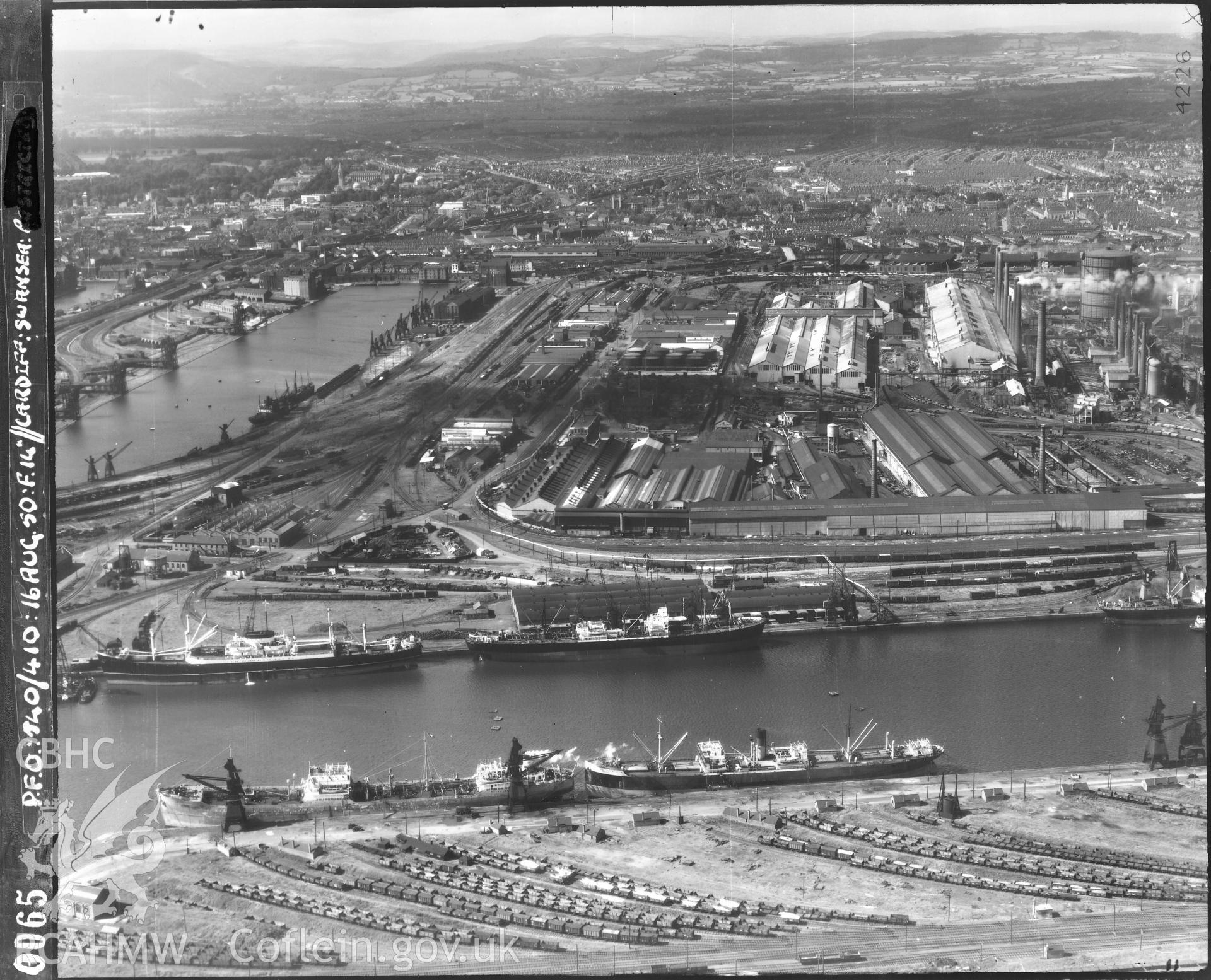 Black and white low level oblique aerial photograph taken by the RAF 1950 centred on Swansea.