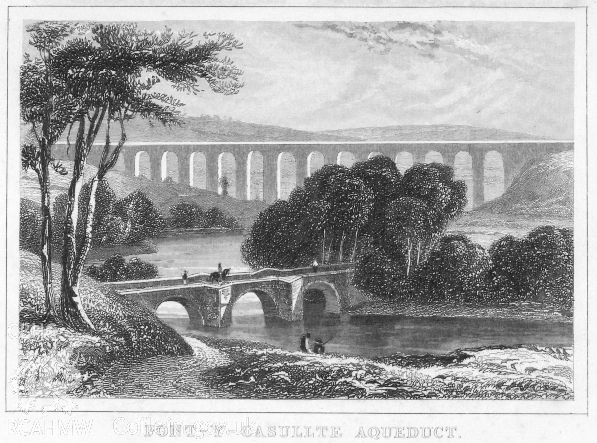 Undated etching of Pontcysyllte Aqueduct.  Originally produced for Thomas Dugdale's part-work survey published as "The Curiosities of Great Britain" or "England Delineated" in various formats between 1838 and 1860.