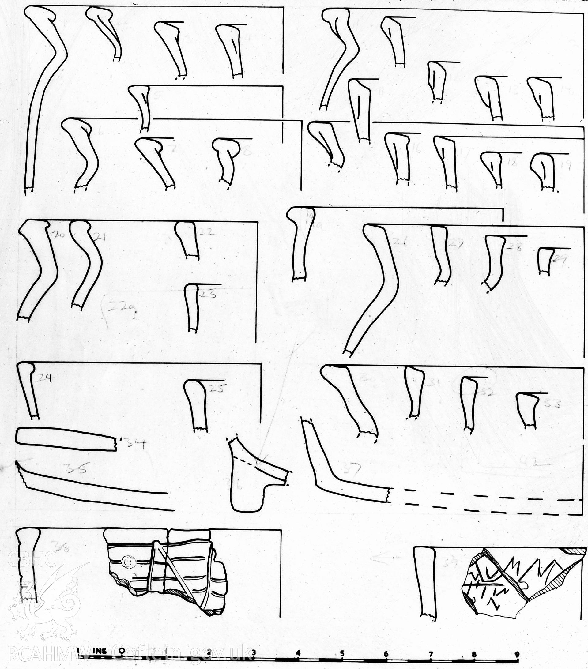 Digitized copy of a pen and ink drawing of pottery sherds and comparitive rim profiles from Tan y Castell (Old Aberystwyth Castle). From an uncatalogued and undated original in the C.H. Houlder Collection.